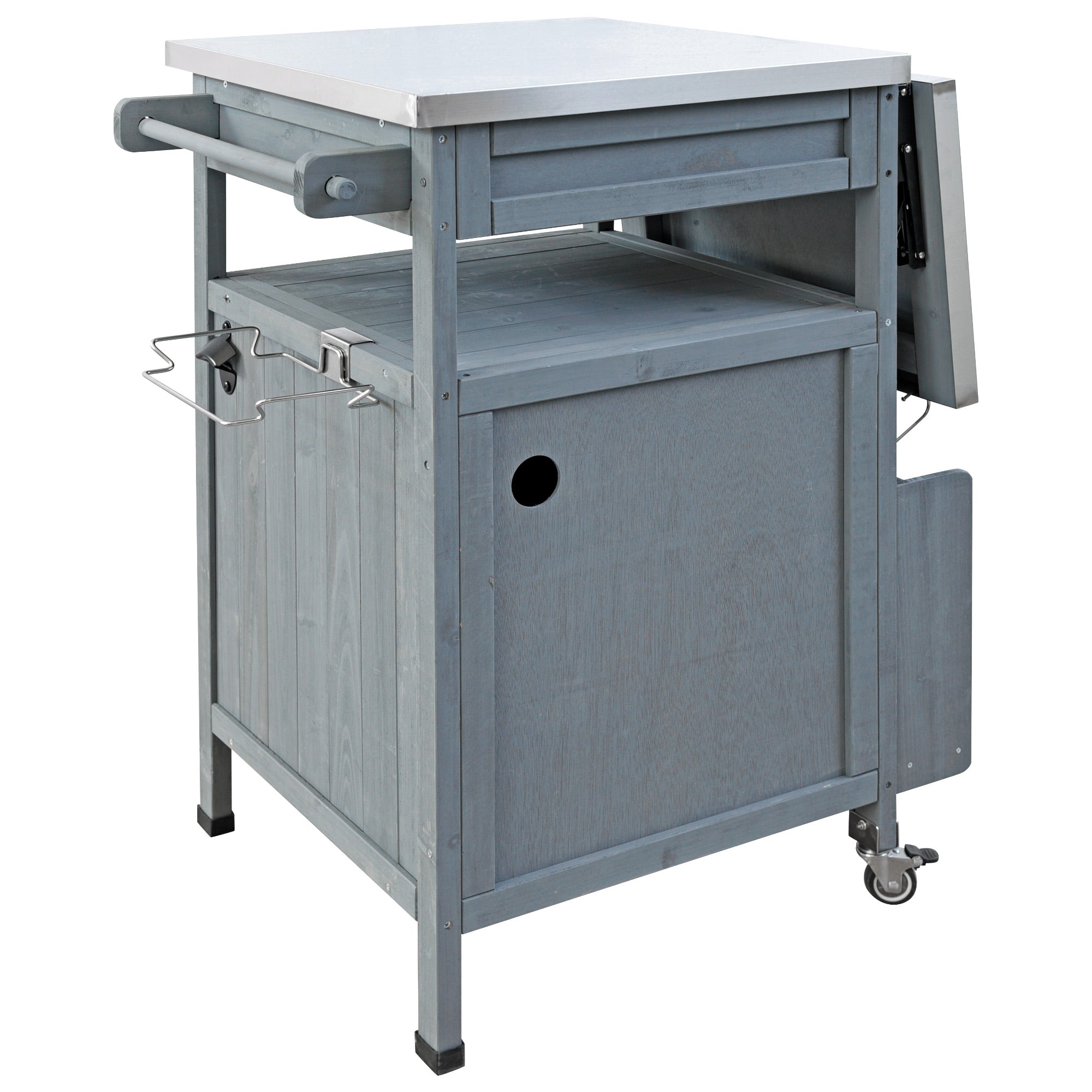 Arezzo gray blue kitchen cart showing rear storage and folded extension panel