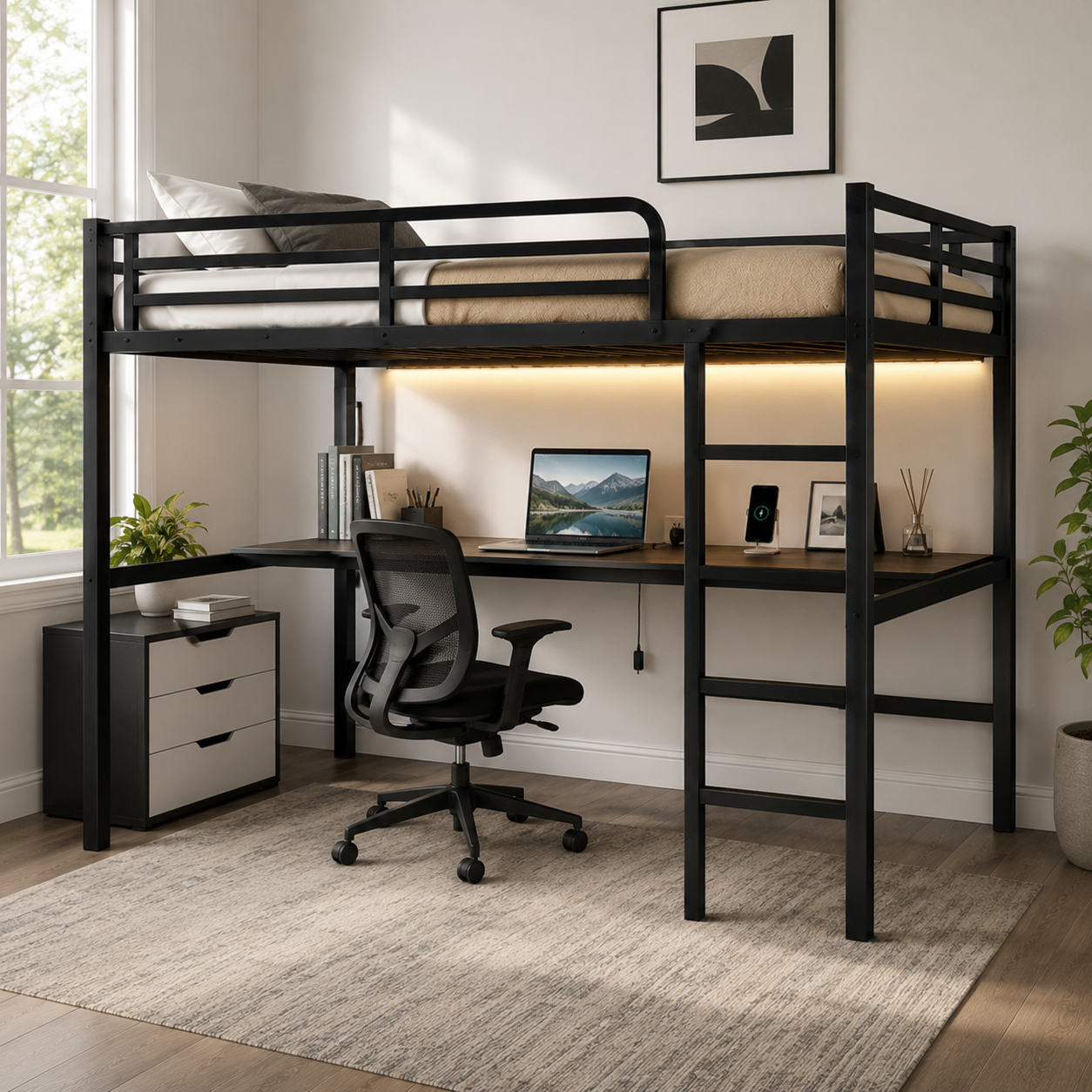 Arla black loft bed showing a queen size loft bed with built-in desk in a modern bedroom