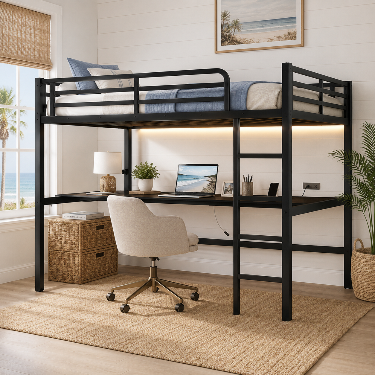 Arla black loft bed showing a loft bed workspace with desk and shelving in a bright room