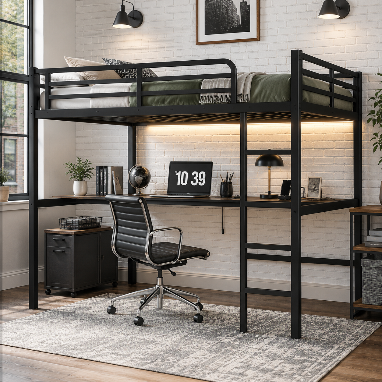 Arla black loft bed showing a bedroom setup with built-in desk and open space below