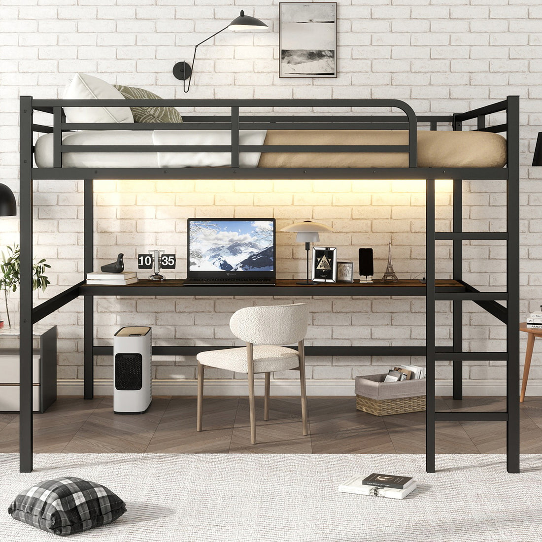 Arla black loft bed showing a loft bed with desk in a clean studio-style room