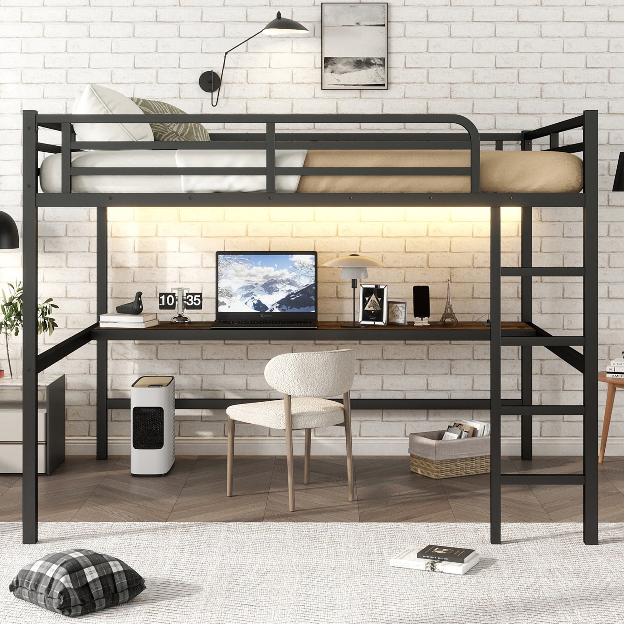 Arla black loft bed showing a loft bed with desk in a clean studio-style room