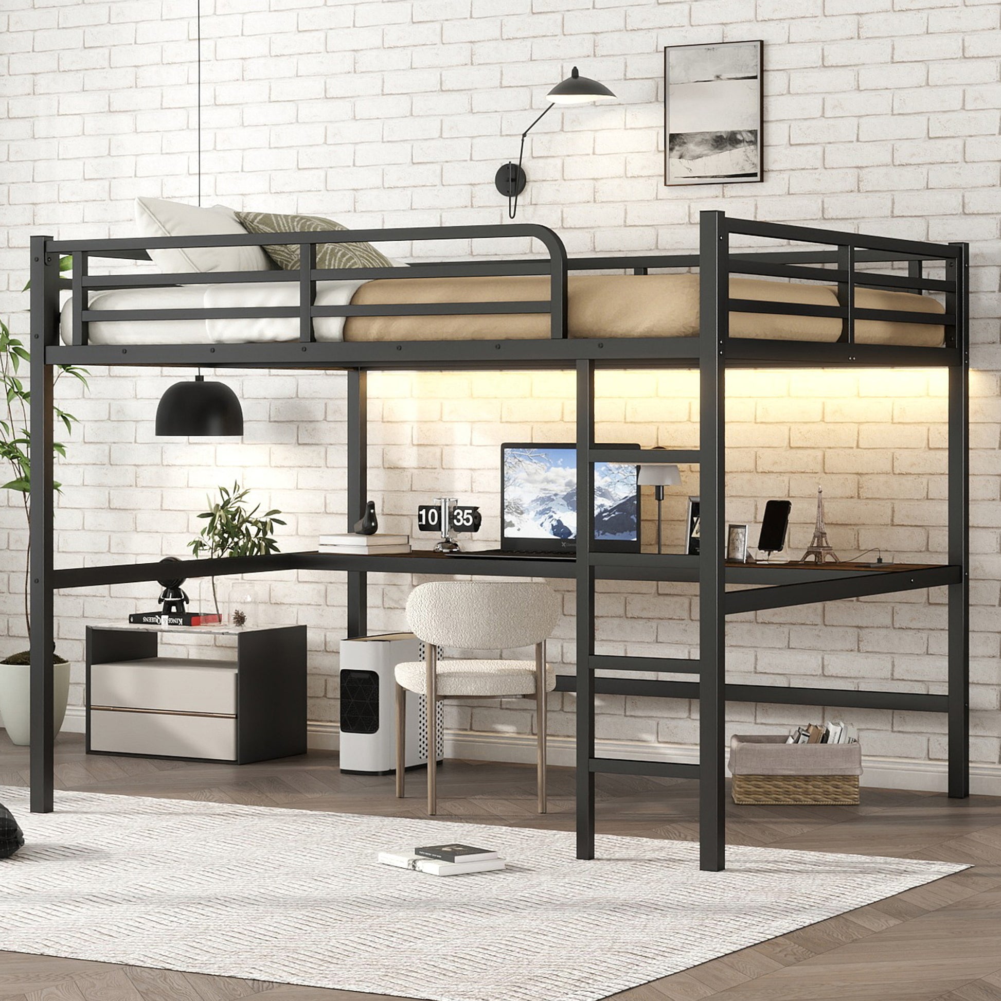 Arla black loft bed showing the loft bed and underbed desk area from an angled room view