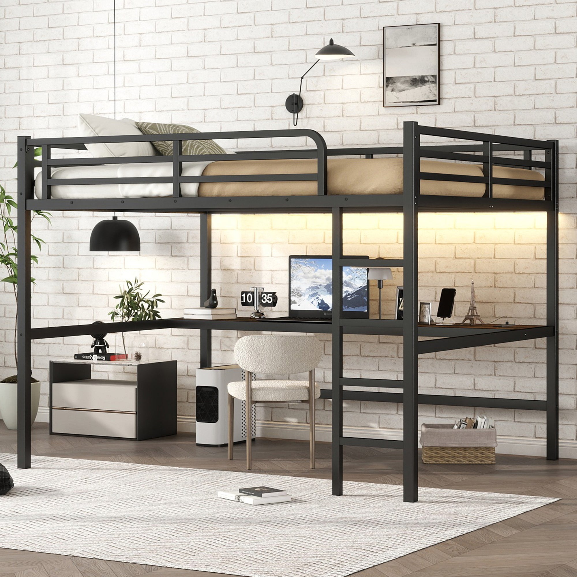 Arla black loft bed showing the loft bed and underbed desk area from an angled room view
