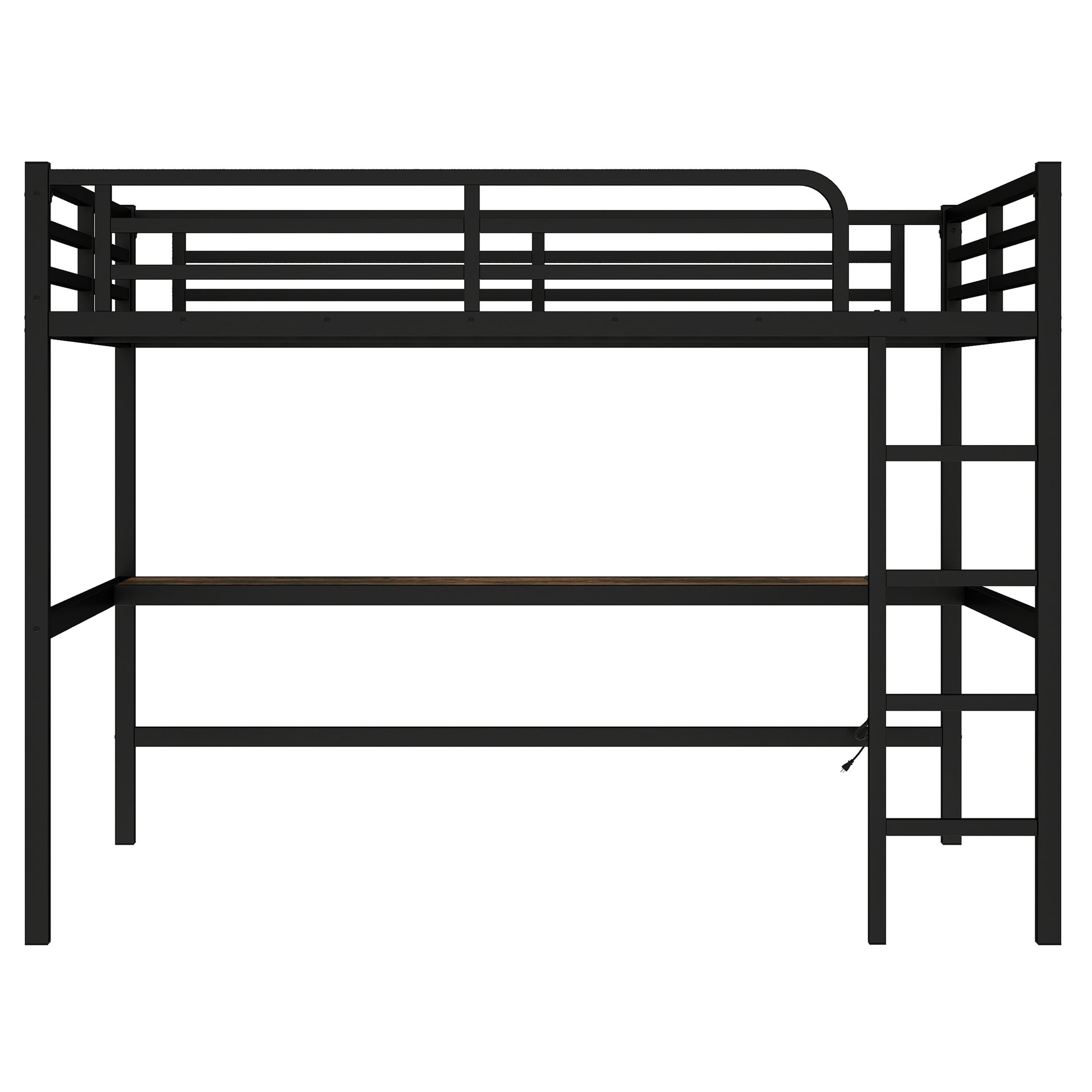 Arla black loft bed showing an angled front view with built-in desk and ladder