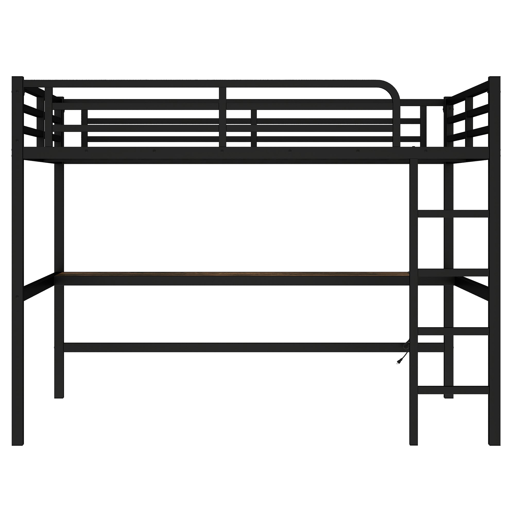 Arla black loft bed showing an angled front view with built-in desk and ladder