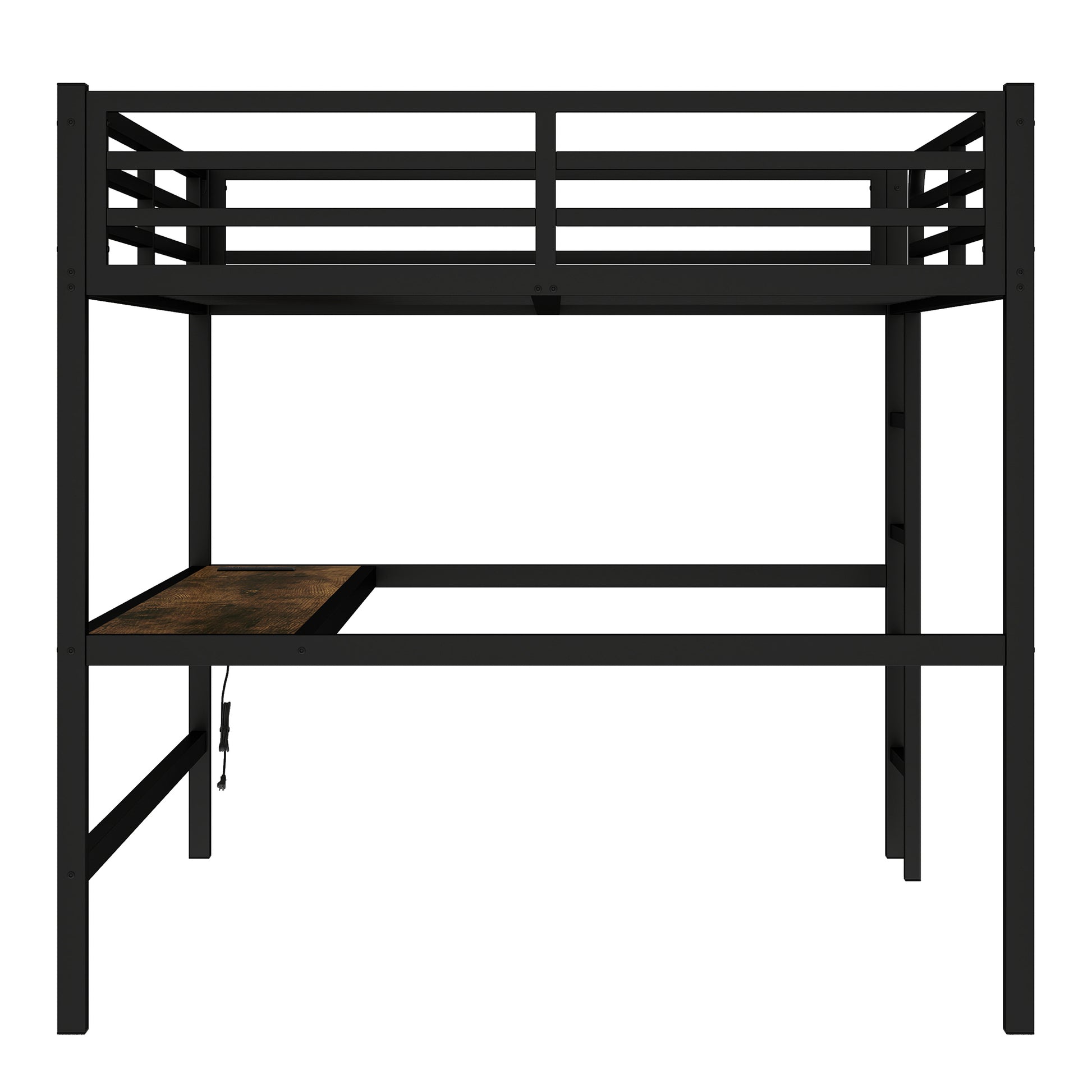 Arla black loft bed showing the front view with desk and upper guardrails