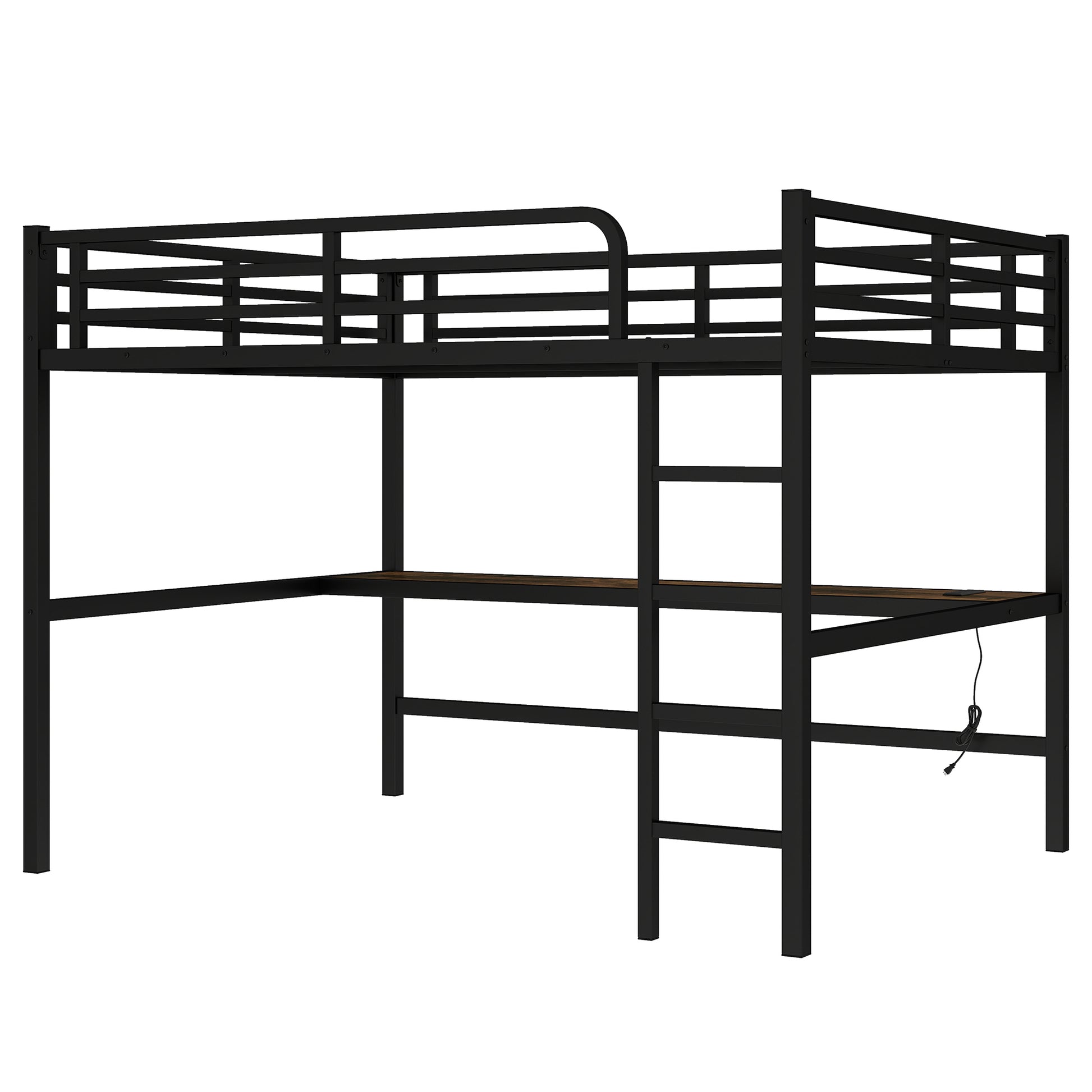 Arla black loft bed showing a right-side view with ladder and underbed workspace