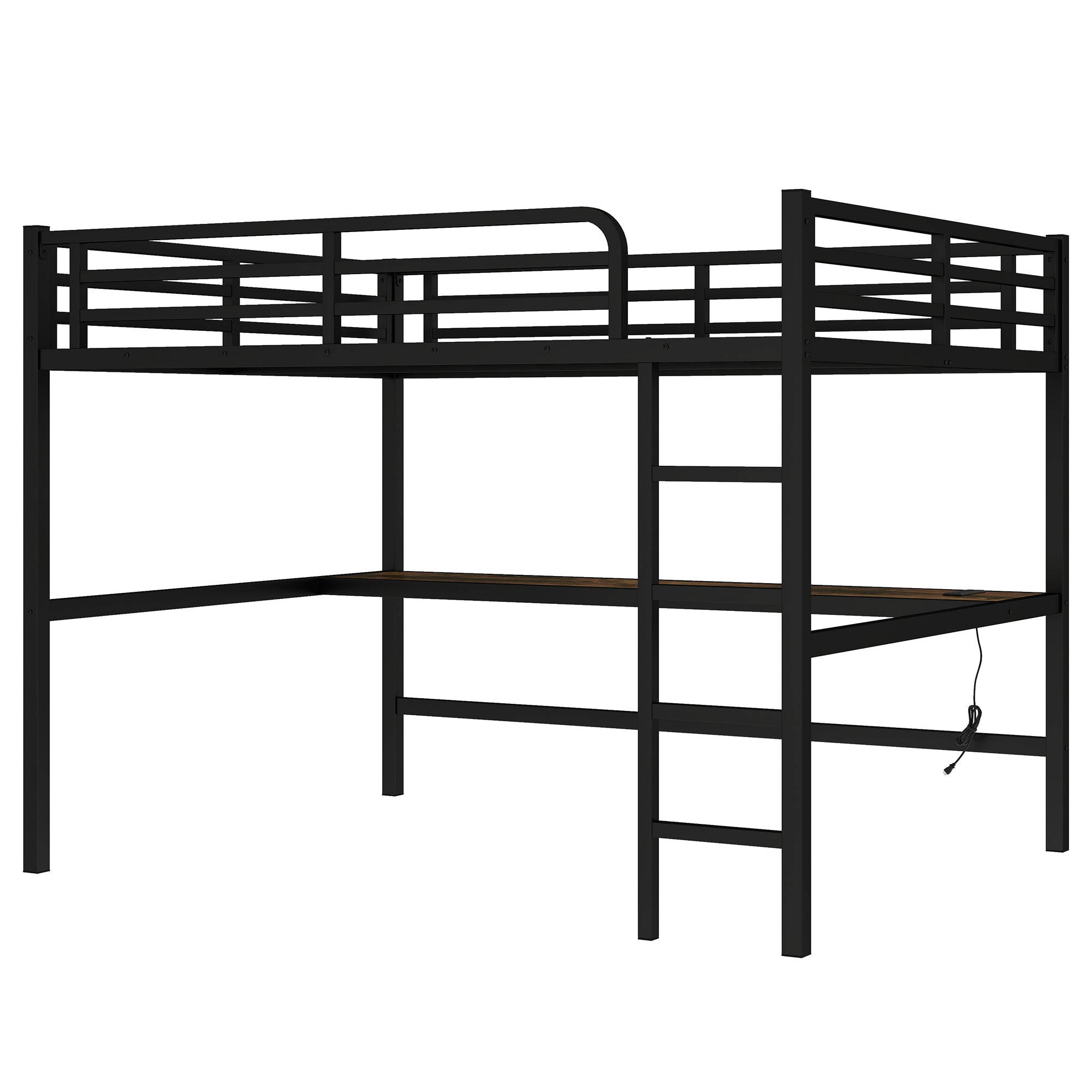 Arla black loft bed showing a right-side view with ladder and underbed workspace