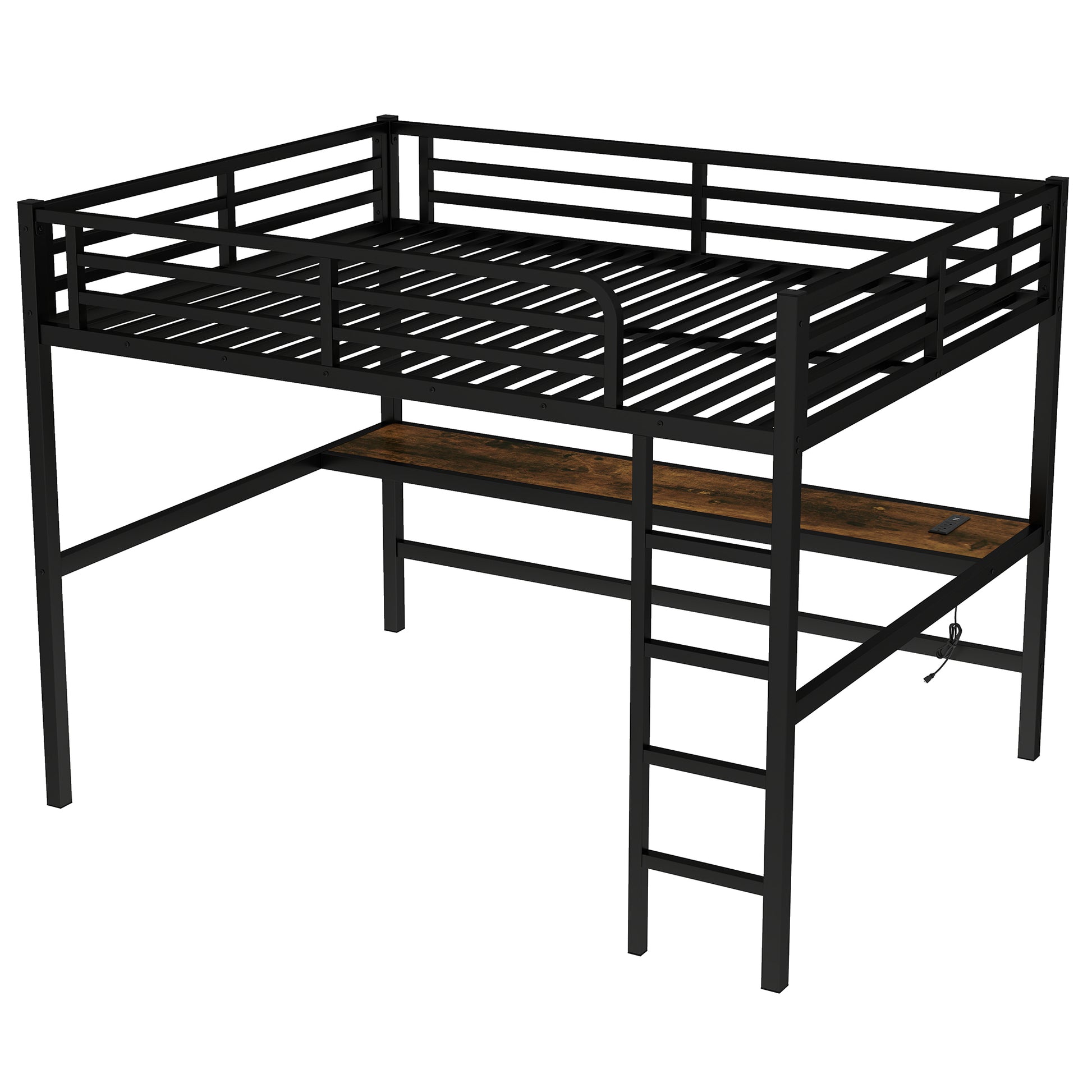 Arla black loft bed showing an angled side view with desk and support frame