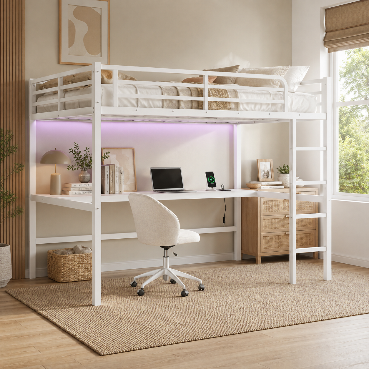 Arla white loft bed showing a queen size loft bed with built-in desk in a bright bedroom