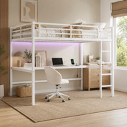 Arla white loft bed showing a queen size loft bed with built-in desk in a bright bedroom