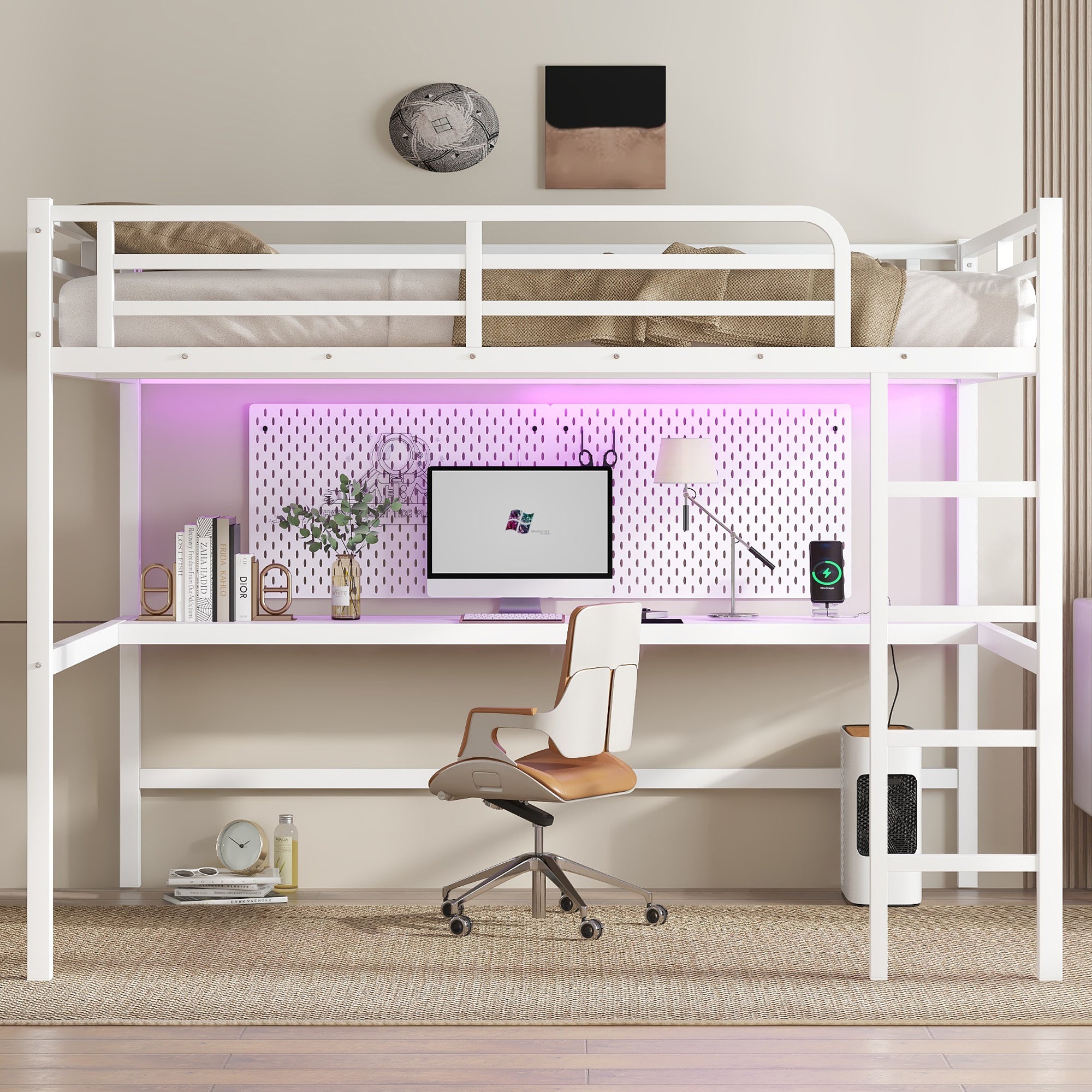 Arla white loft bed showing a loft bed workspace with desk and LED lighting in a modern room
