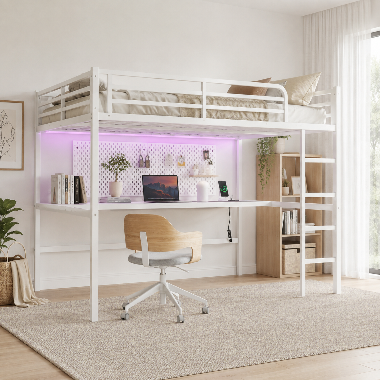 Arla white loft bed showing a bedroom setup with built-in desk and open space below