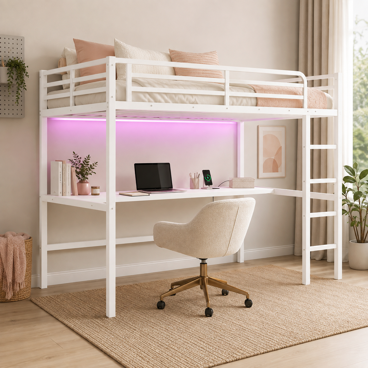 Arla white loft bed showing a loft bed with desk and LED lighting in a bright room