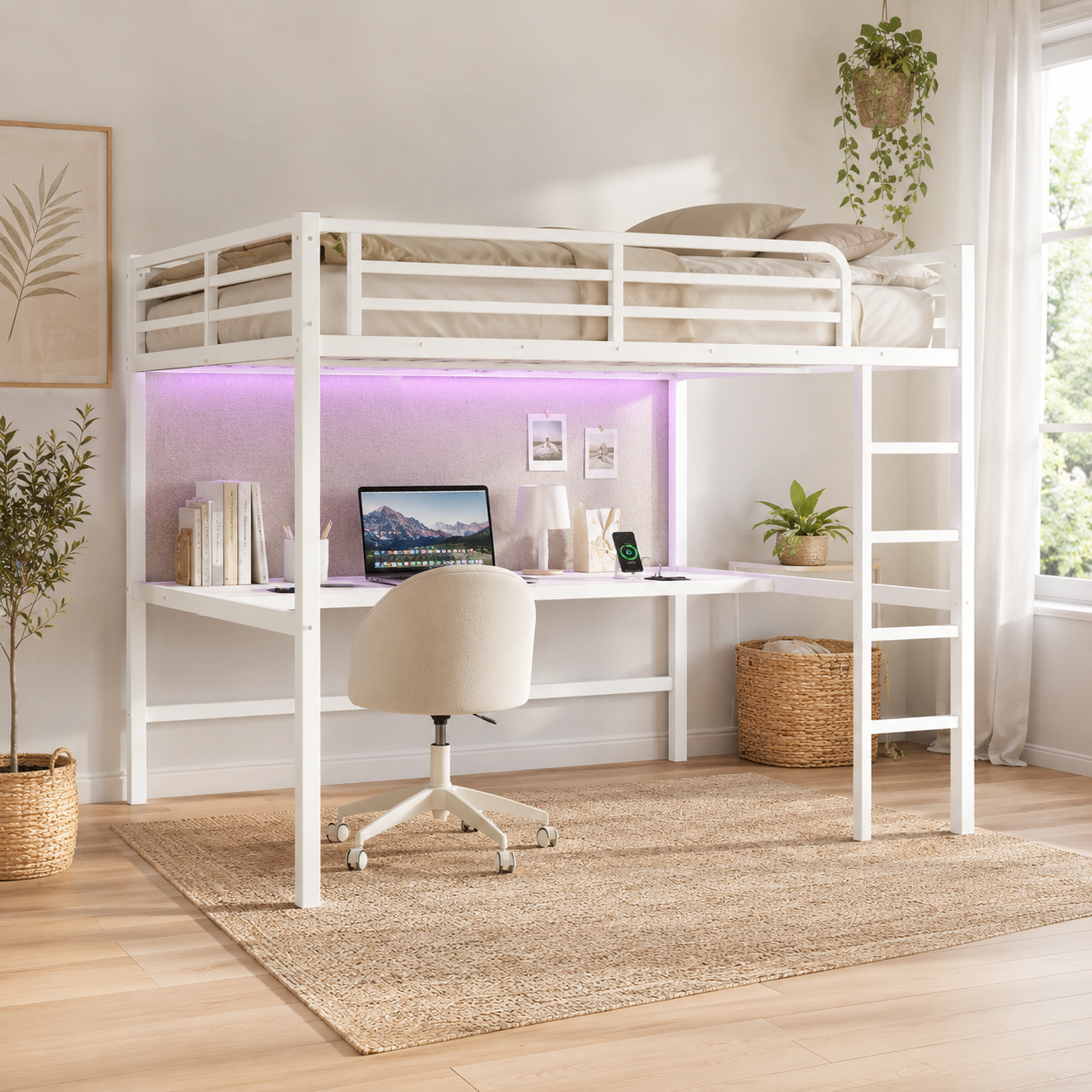Arla white loft bed showing the underbed desk workspace from a front room view