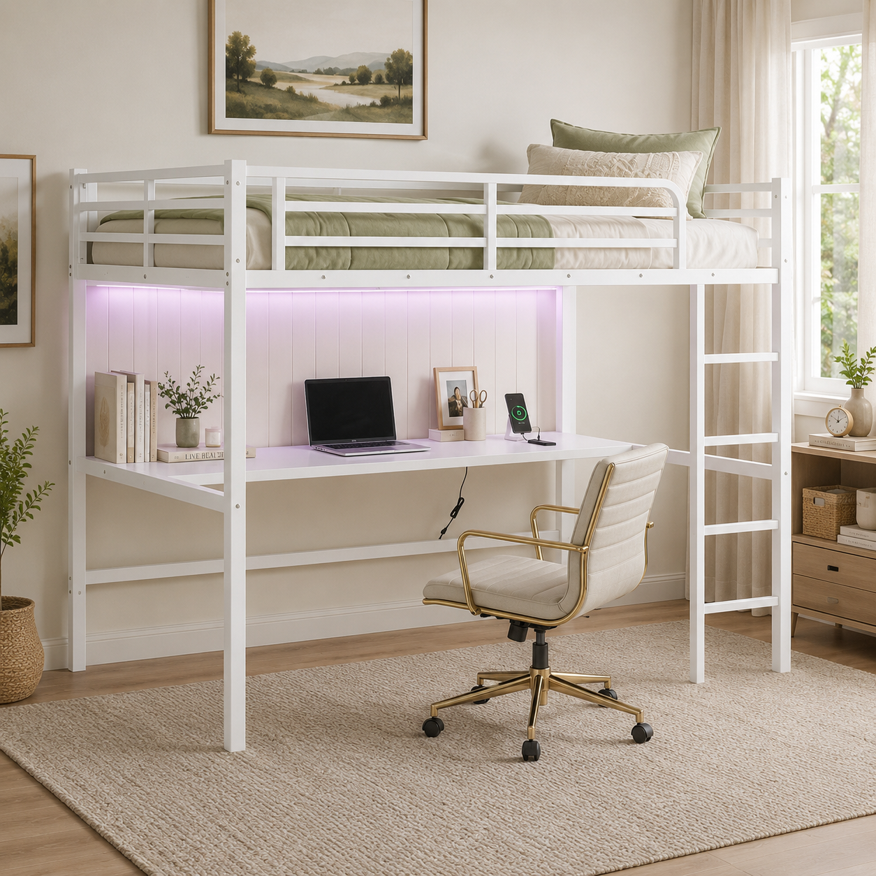 Arla white loft bed showing a full room setup with desk shelving and soft purple LED lighting