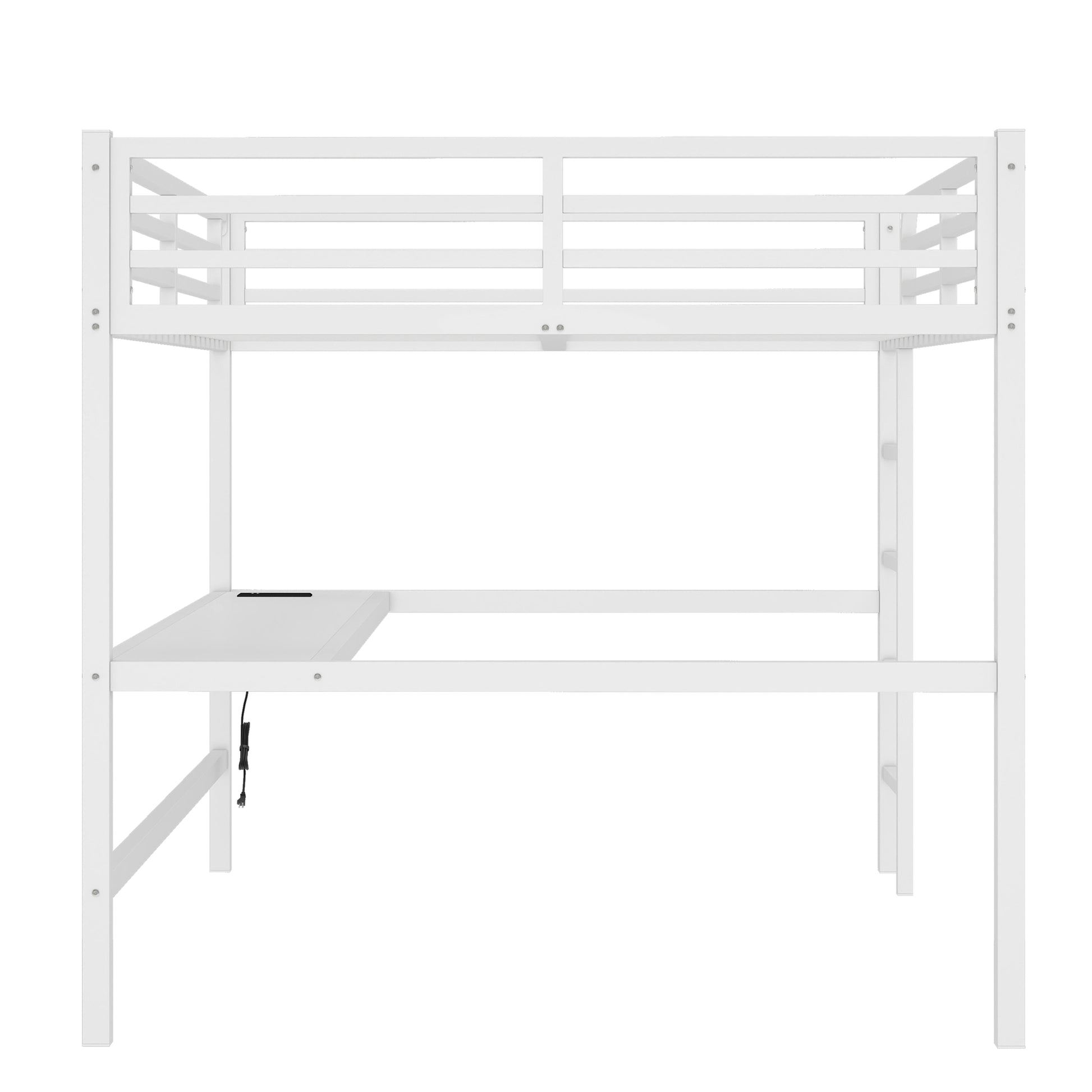 Arla white loft bed showing an angled front view with built-in desk and ladder