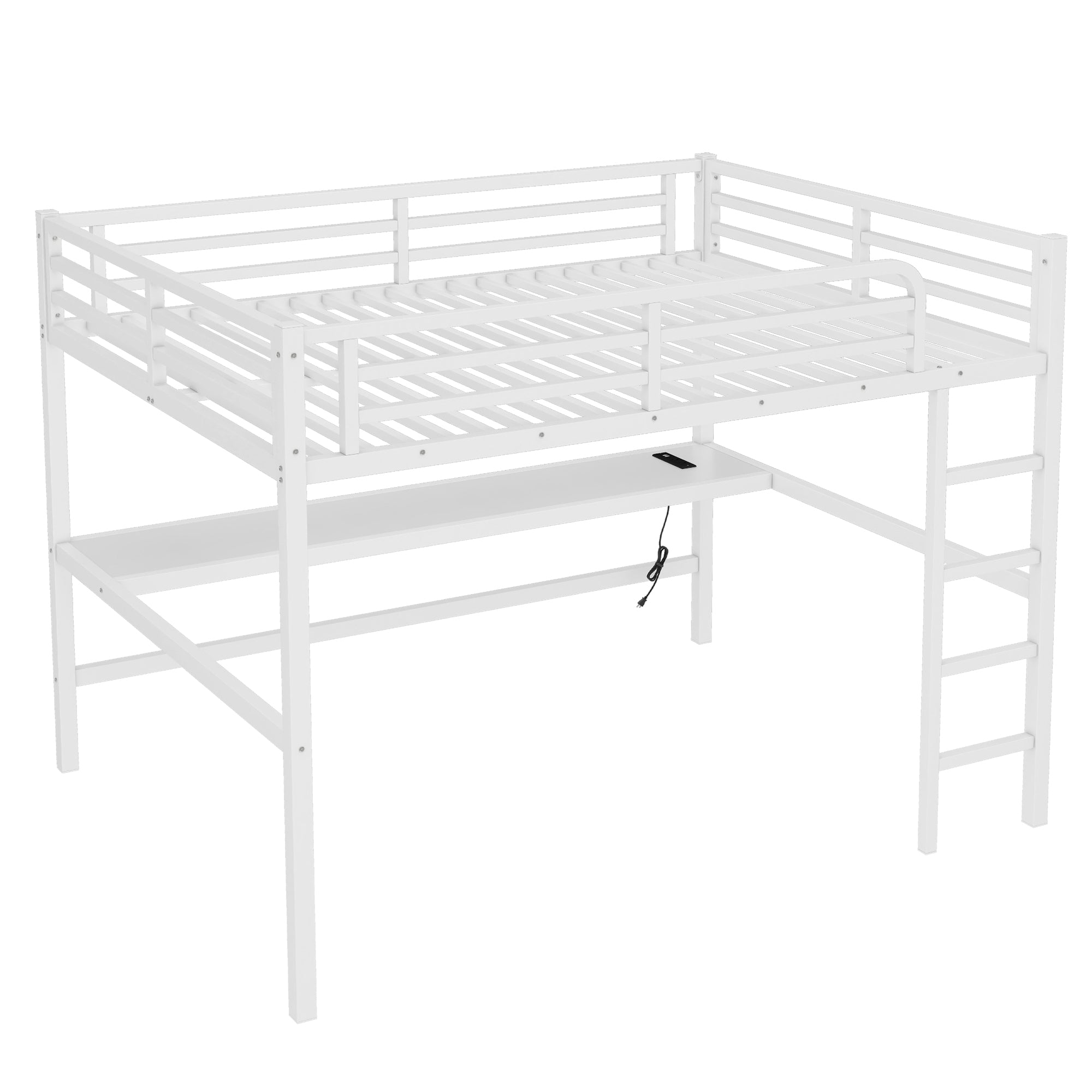 Arla white loft bed showing the front view with desk and upper guardrails