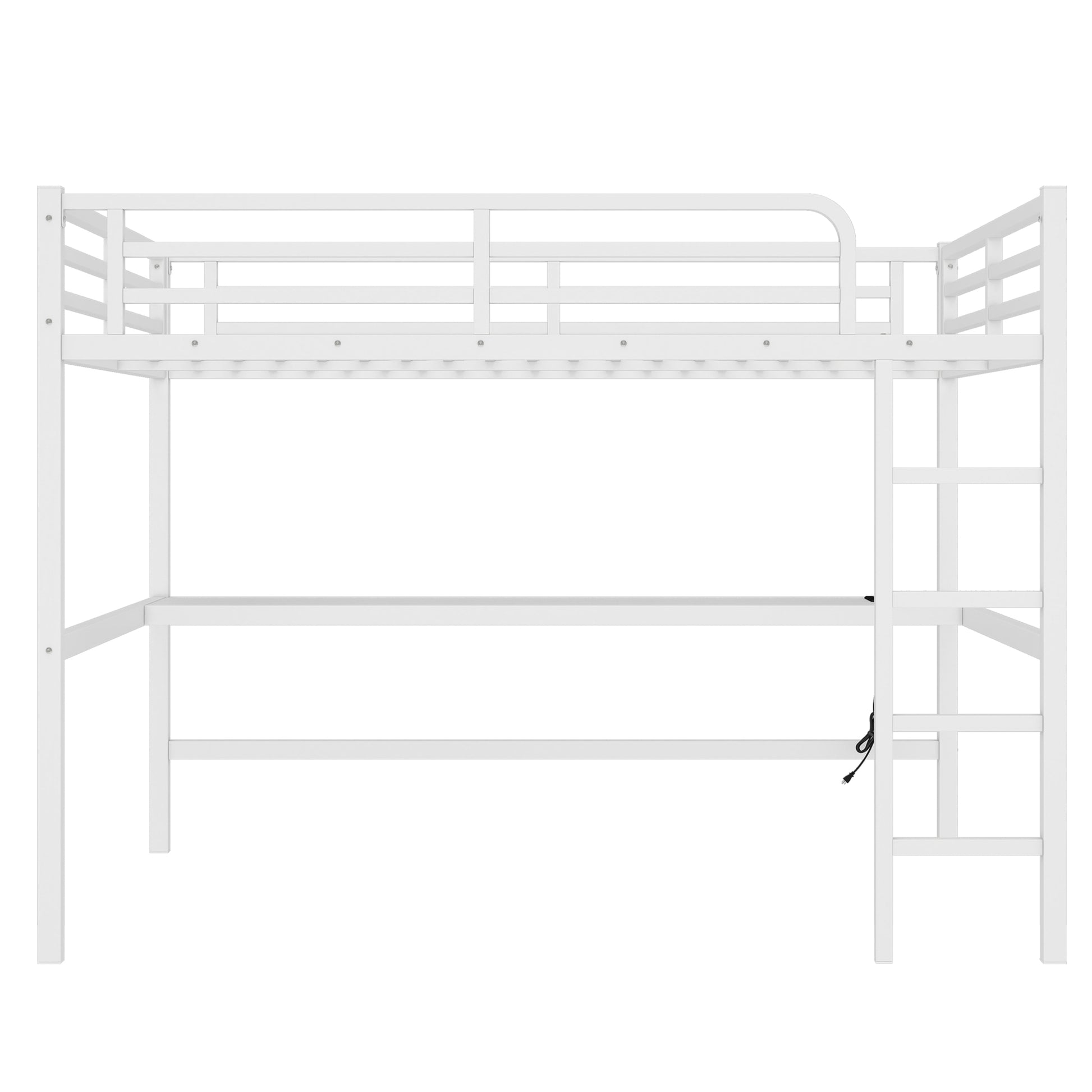 Arla white loft bed showing a right-side view with ladder and underbed workspace