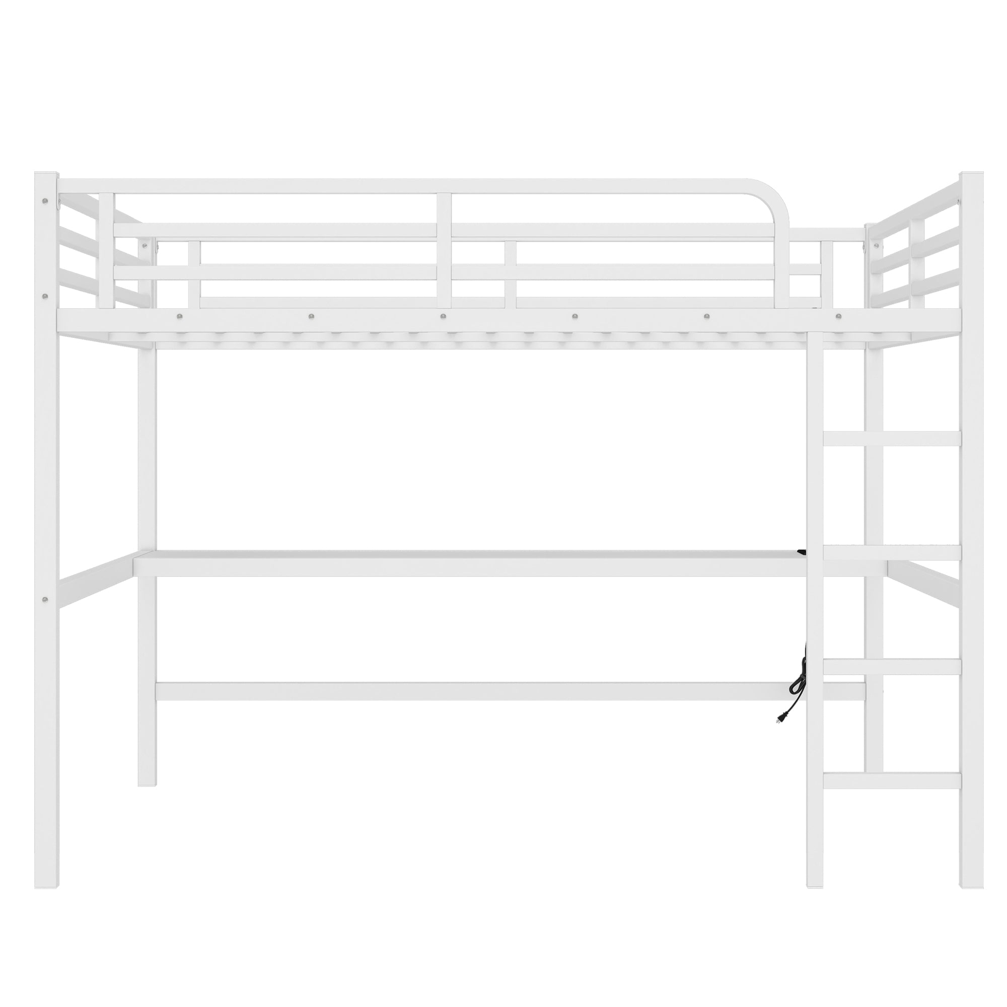 Arla white loft bed showing a right-side view with ladder and underbed workspace
