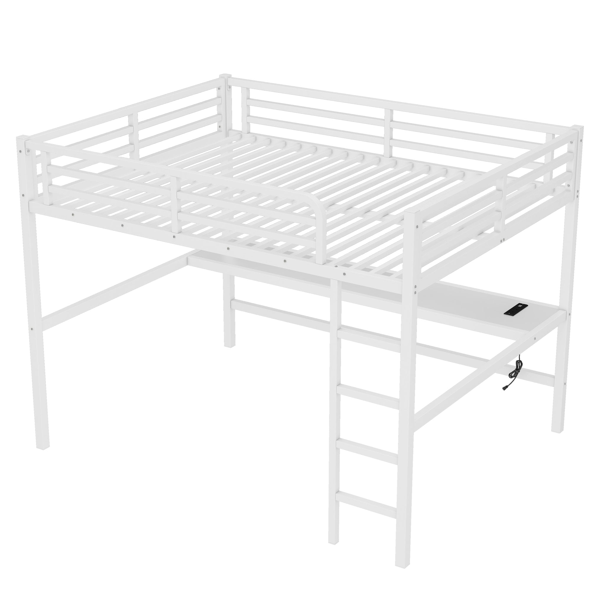 Arla white loft bed showing an angled side view with desk and loft frame