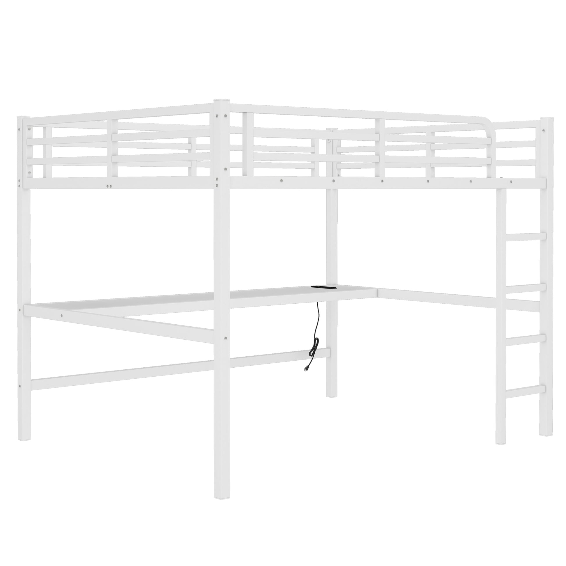 Arla white loft bed showing a perspective view with built-in desk and support frame