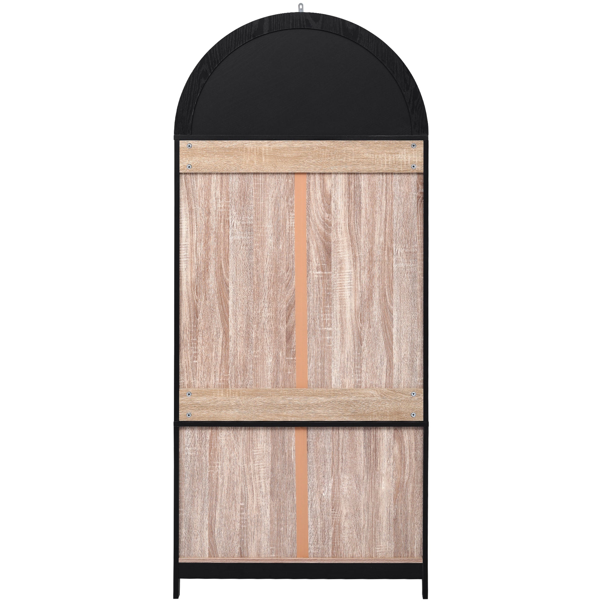 Back view of the black Artisan 71 - inch arched pantry cabinet showing sturdy rear panel construction and tall farmhouse - style storage cabinet design