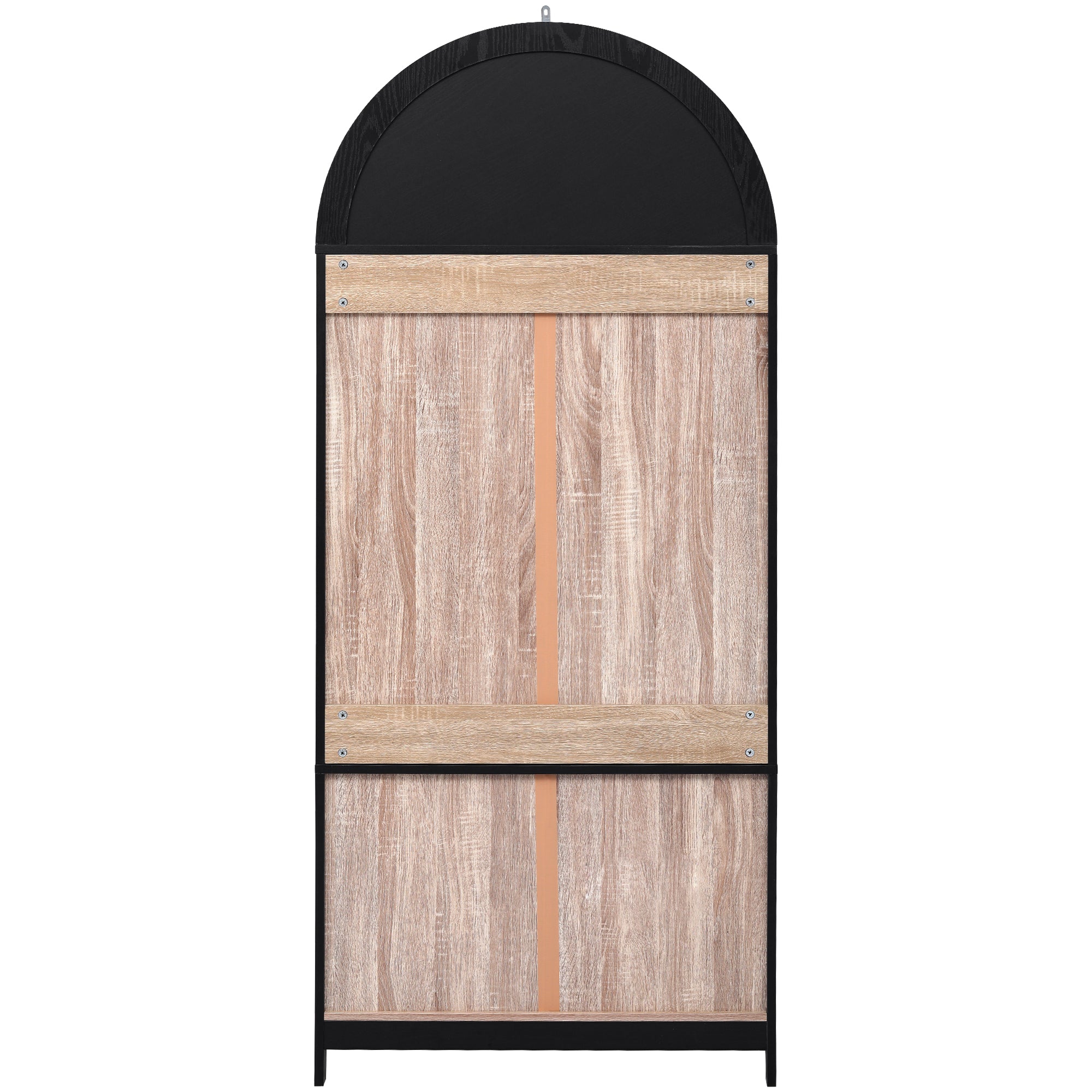 Back view of the black Artisan 71 - inch arched pantry cabinet showing sturdy rear panel construction and tall farmhouse - style storage cabinet design