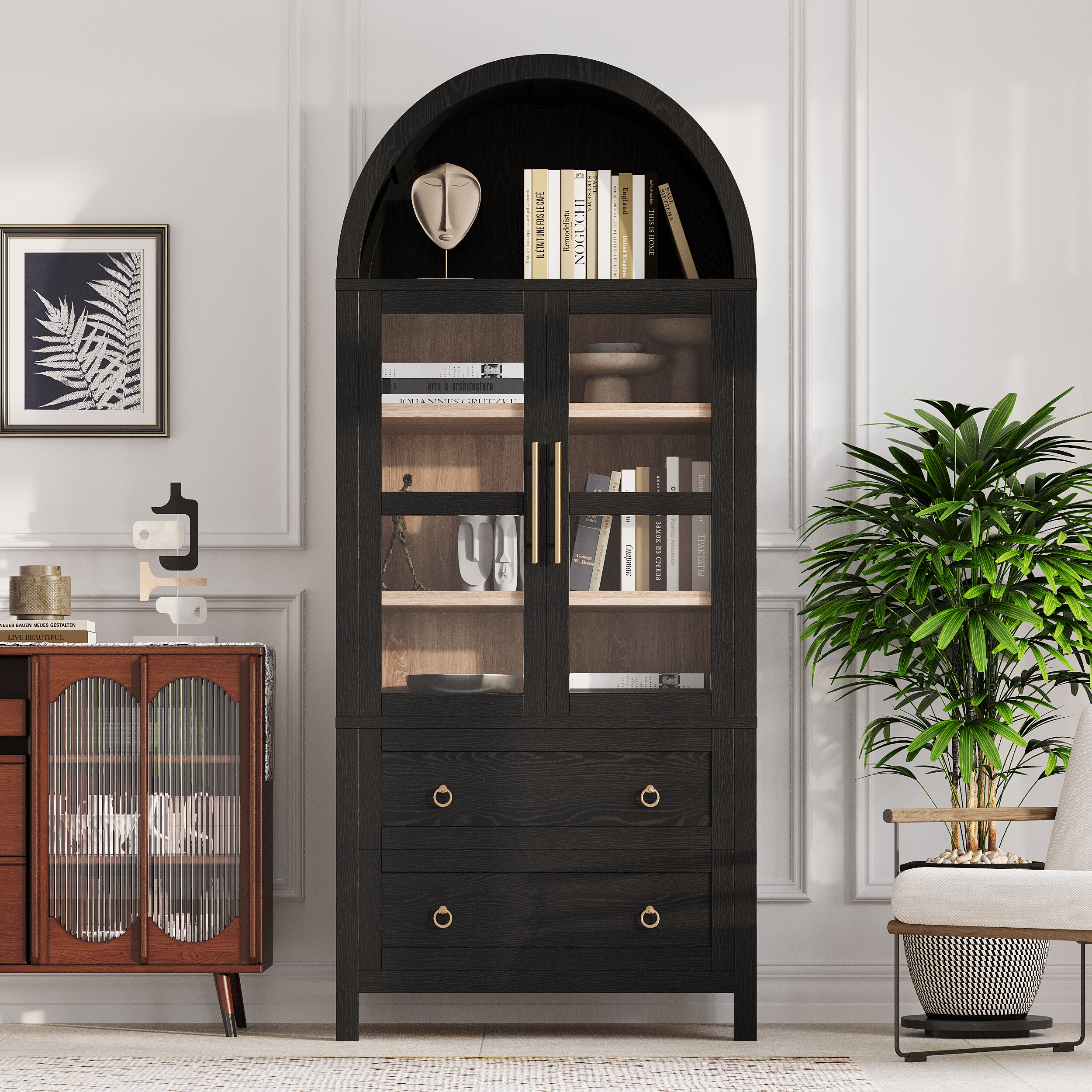 Front view of the black Artisan 71 - inch arched pantry cabinet with glass display doors, adjustable shelves, and two storage drawers in a modern farmhouse interior