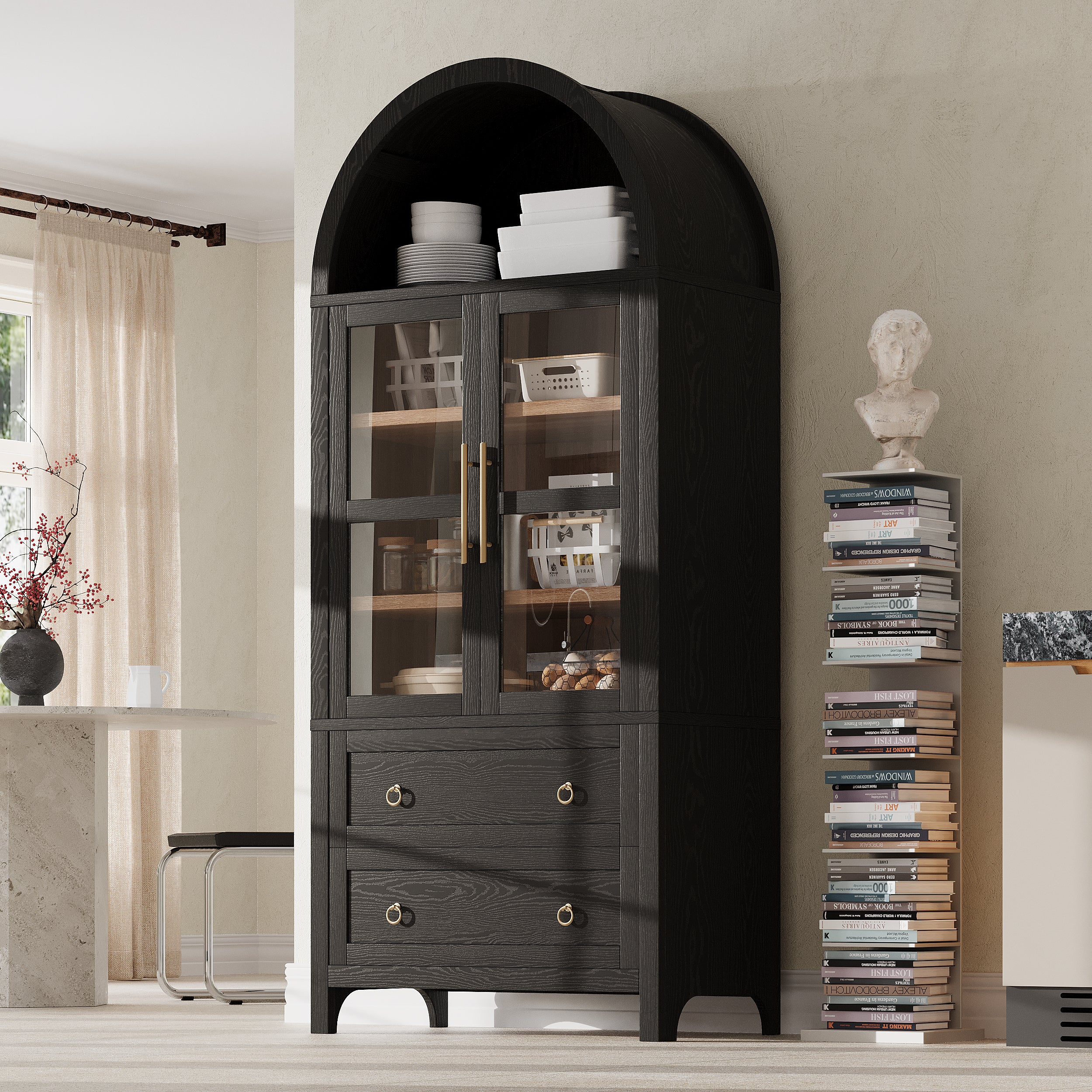 Black Artisan 71 - inch arched pantry cabinet with glass doors, adjustable shelves, and storage drawers styled in a warm modern farmhouse dining space