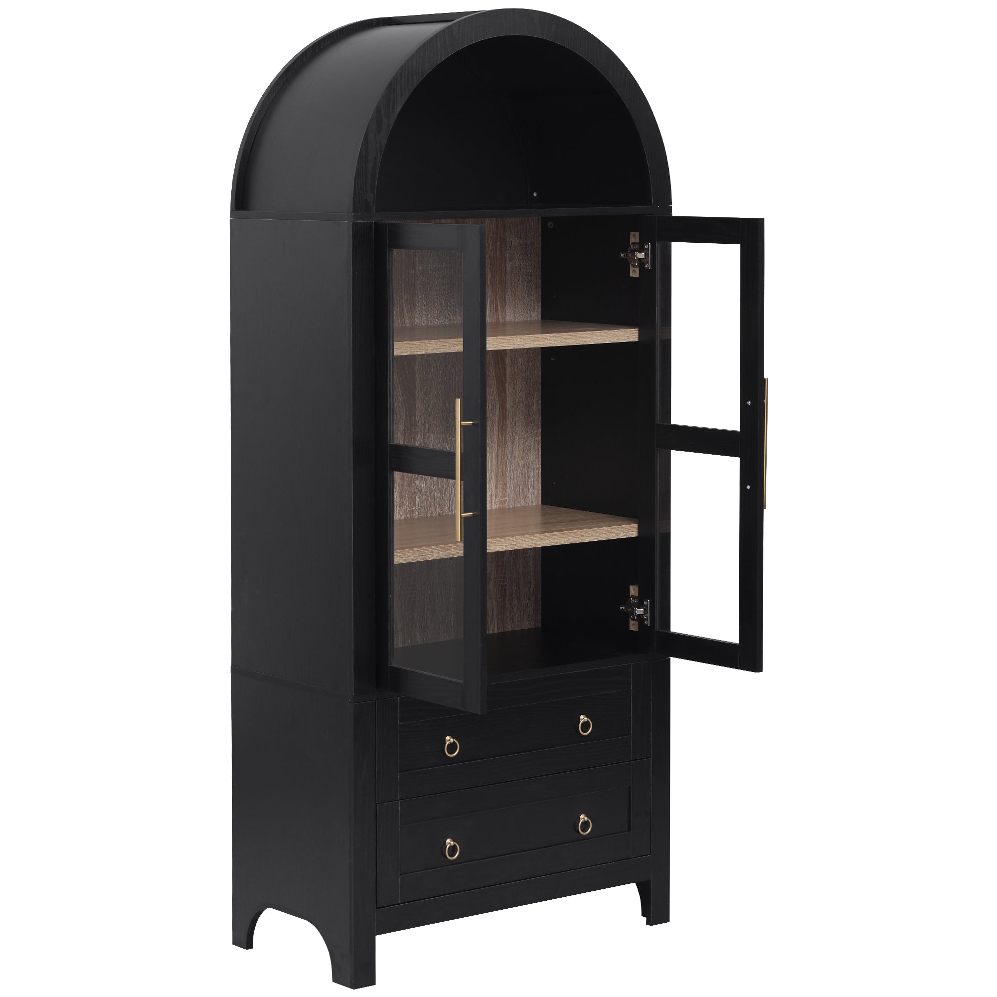 Angled view of the black Artisan 71-inch arched pantry cabinet with open glass door, adjustable interior shelves, and two lower storage drawers for farmhouse-style organization