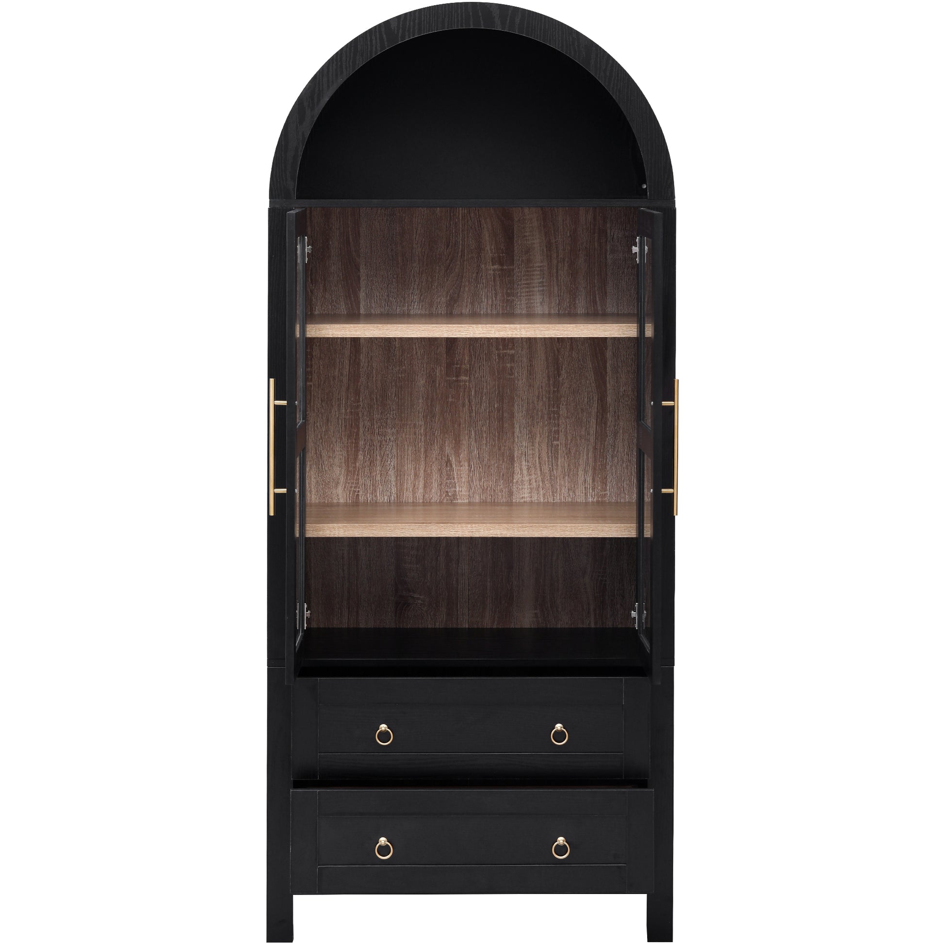 Black Artisan 71 - inch arched pantry cabinet with open glass doors, adjustable interior shelves, and two lower drawers for farmhouse kitchen and dining room storage