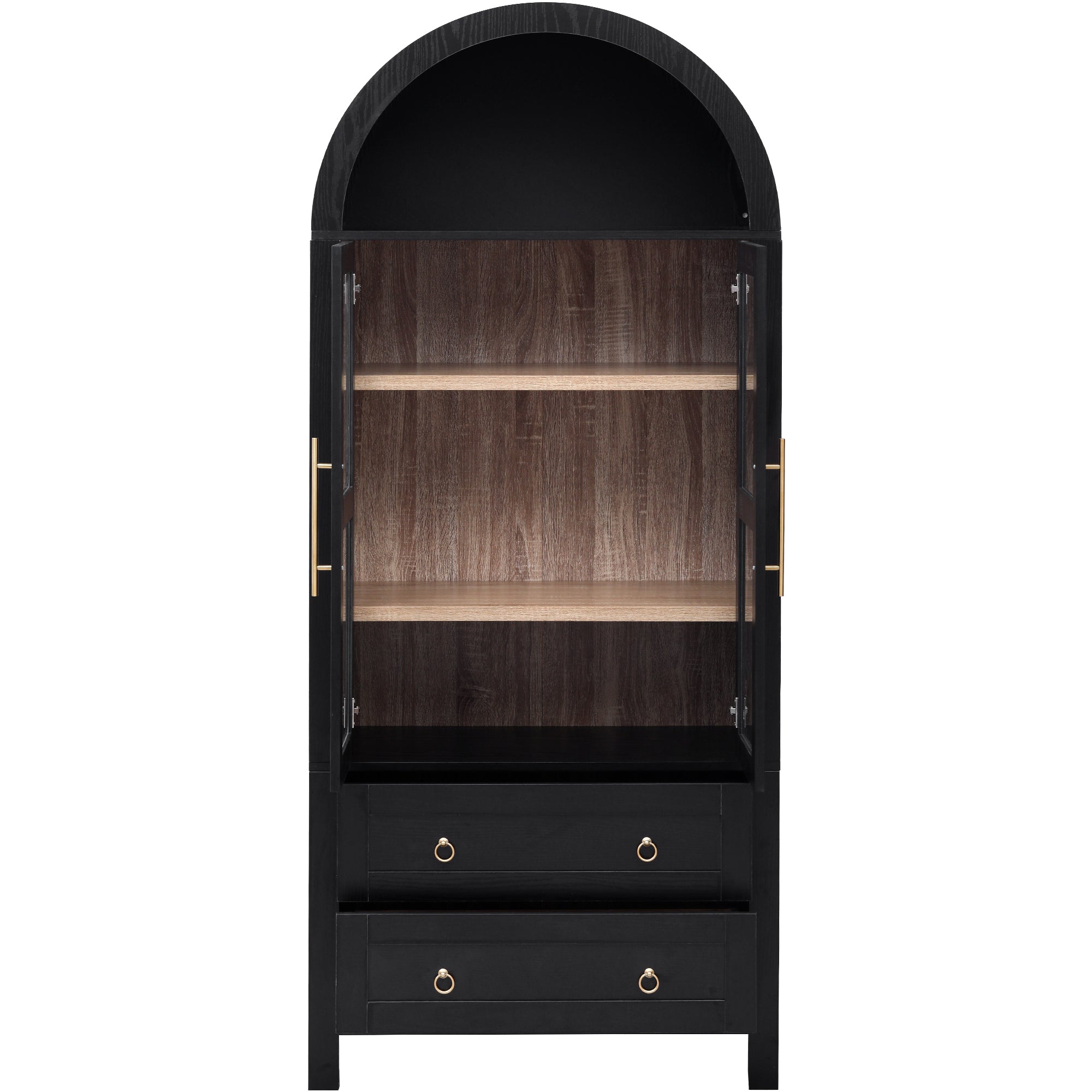 Black Artisan 71 - inch arched pantry cabinet with open glass doors, adjustable interior shelves, and two lower drawers for farmhouse kitchen and dining room storage