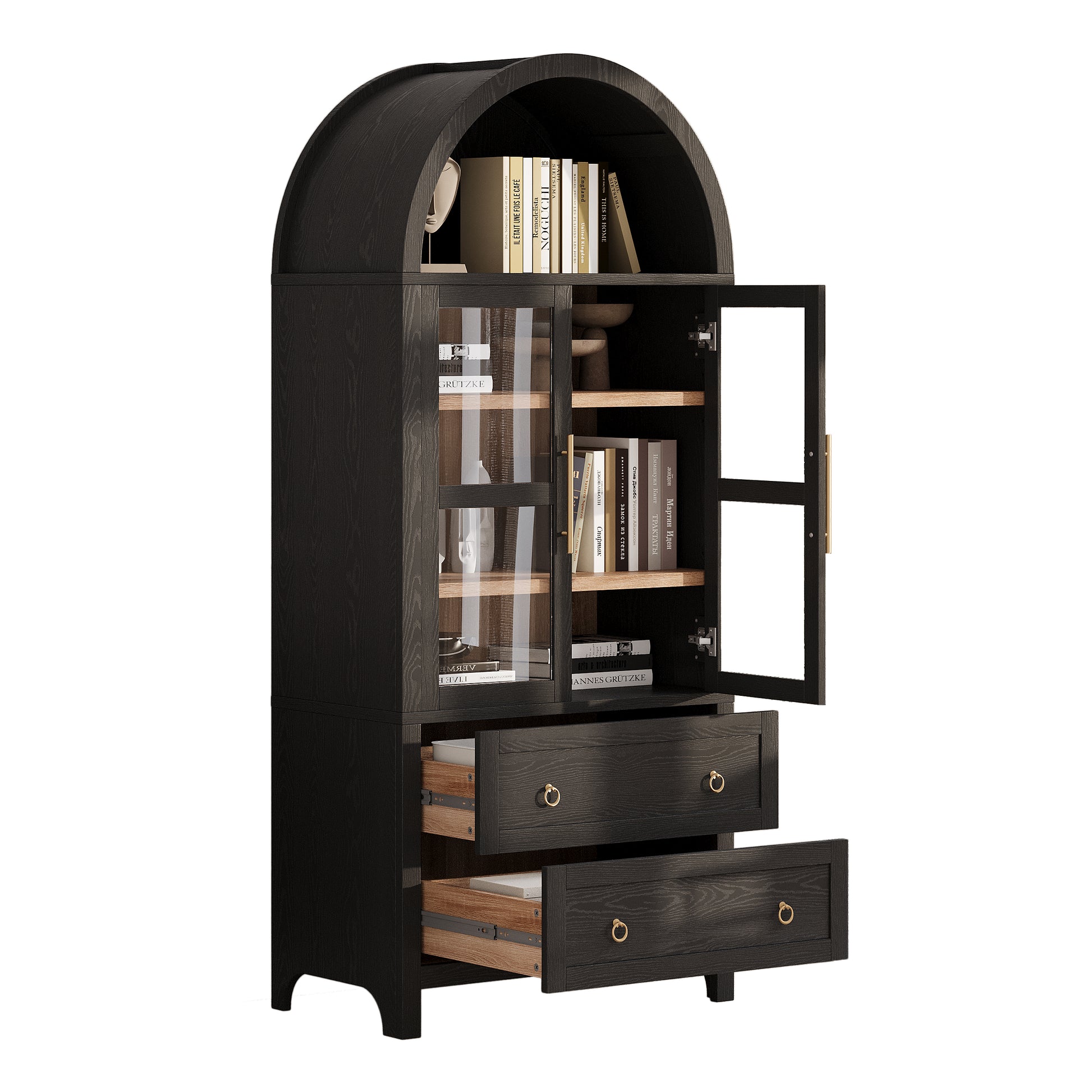 Black Artisan 71 - inch arched pantry cabinet with open glass door, adjustable display shelves, and two pull - out drawers for farmhouse kitchen and dining room storage