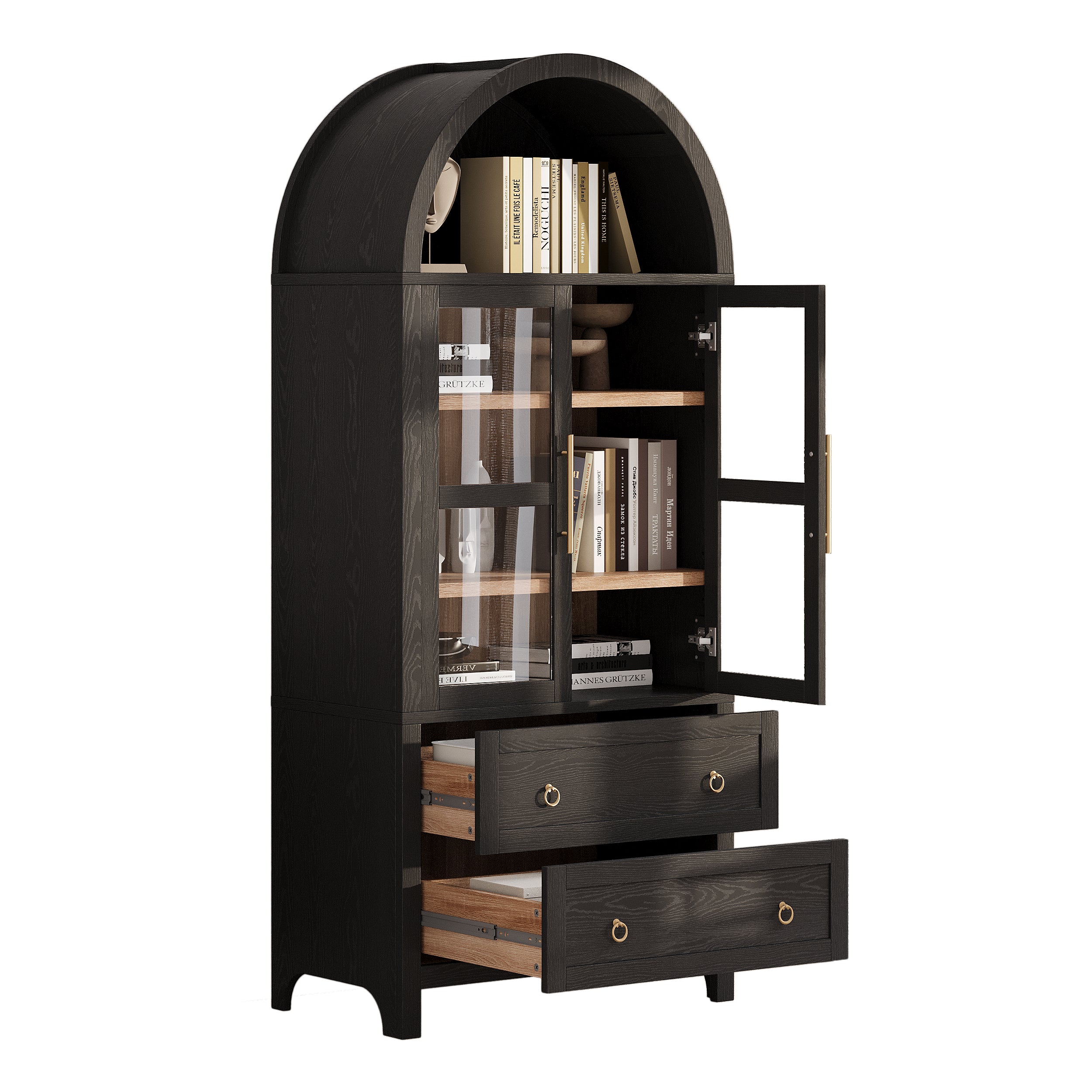 Black Artisan 71 - inch arched pantry cabinet with open glass door, adjustable display shelves, and two pull - out drawers for farmhouse kitchen and dining room storage