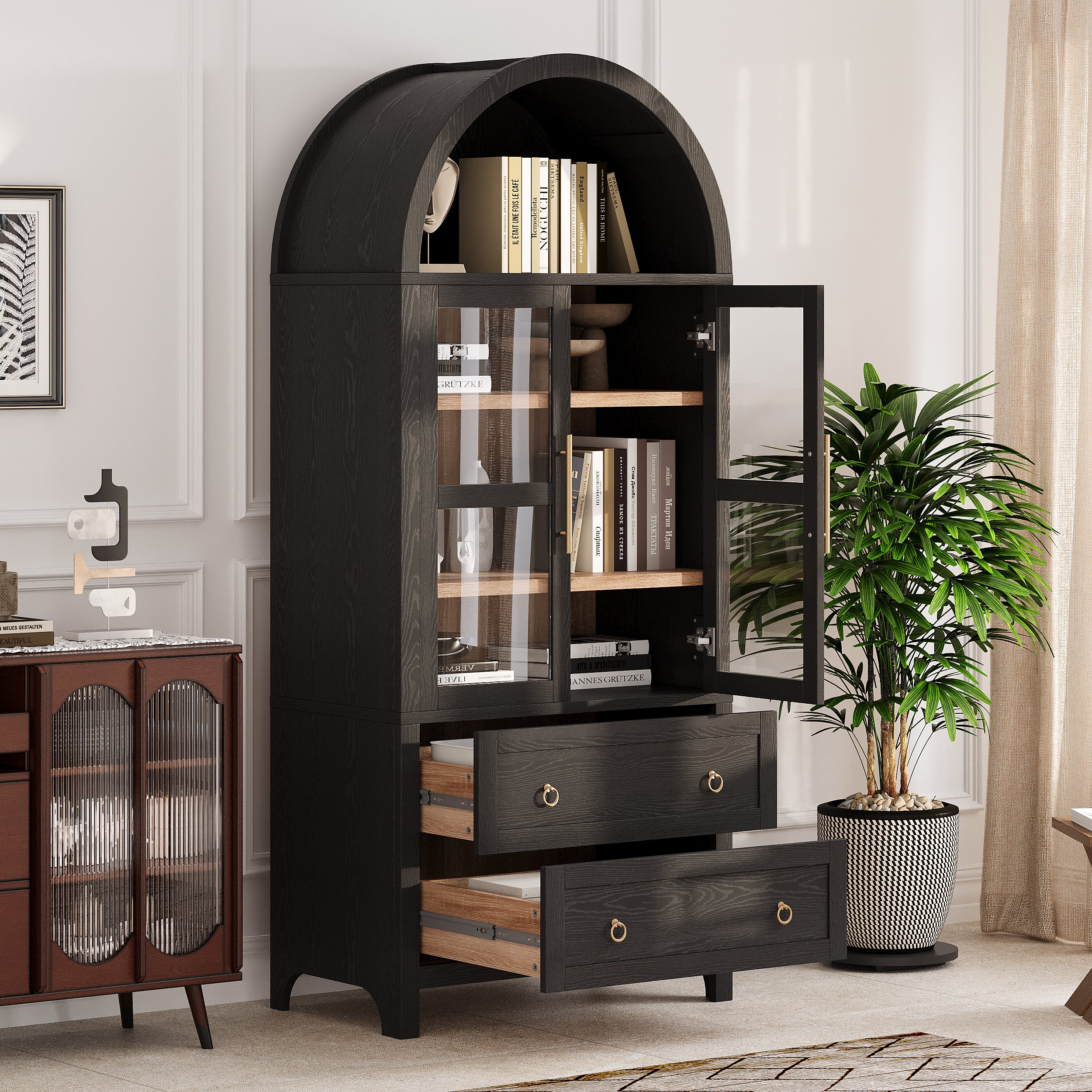 Black Artisan 71 - inch arched pantry cabinet with glass doors, adjustable shelves, and open drawers styled in a modern farmhouse living and dining space