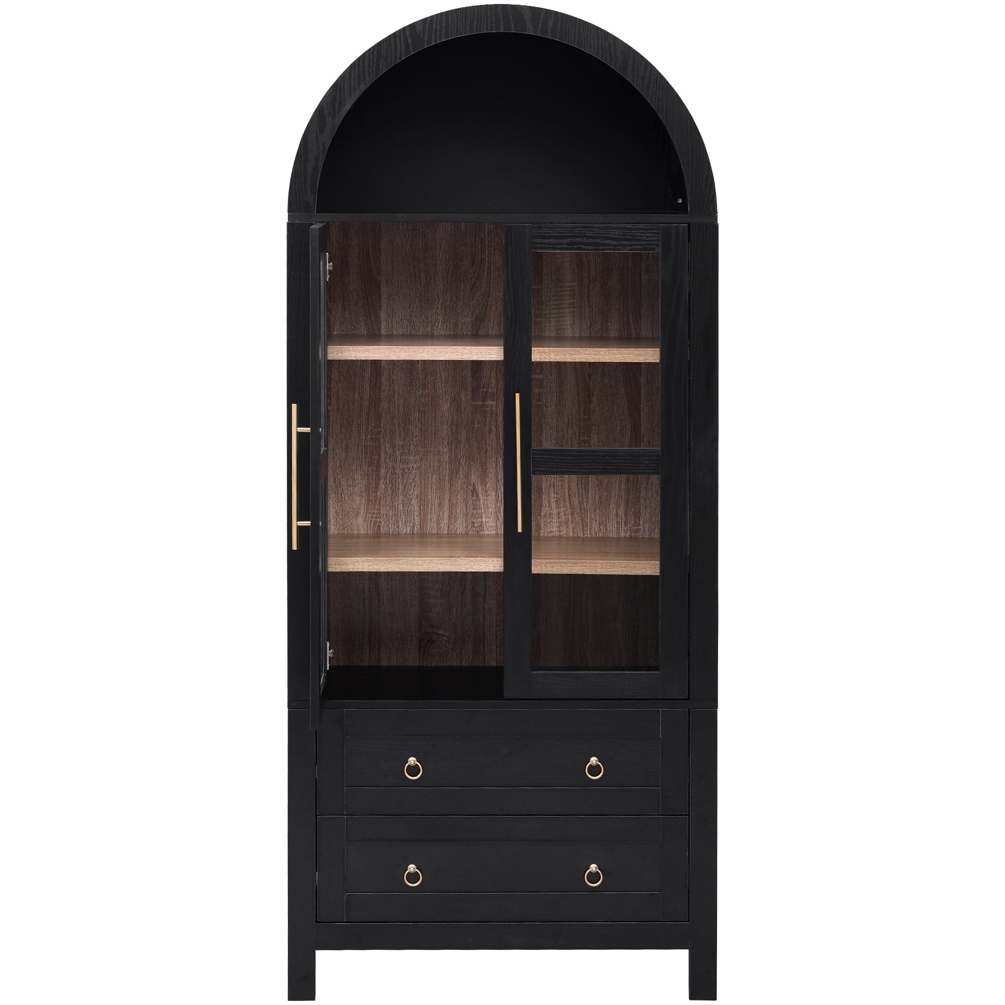 Black Artisan 71 - inch arched pantry cabinet with partially open glass door, adjustable interior shelves, and two lower storage drawers for farmhouse kitchen organization