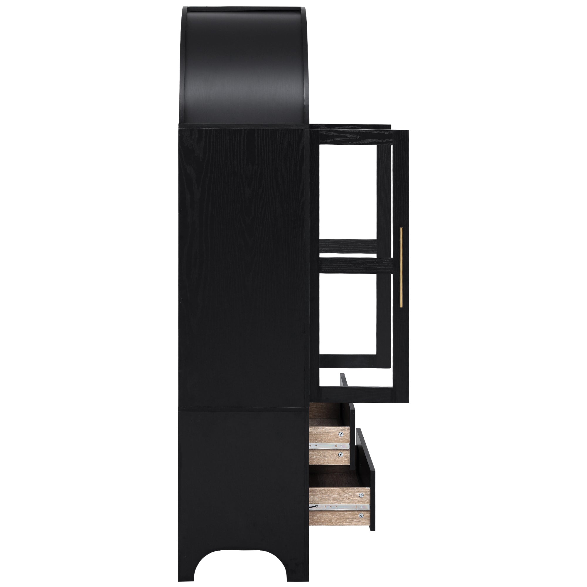 Side view of the black Artisan 71 - inch pantry cabinet with open glass door, arched top, and partially extended storage drawers showing farmhouse - inspired storage design