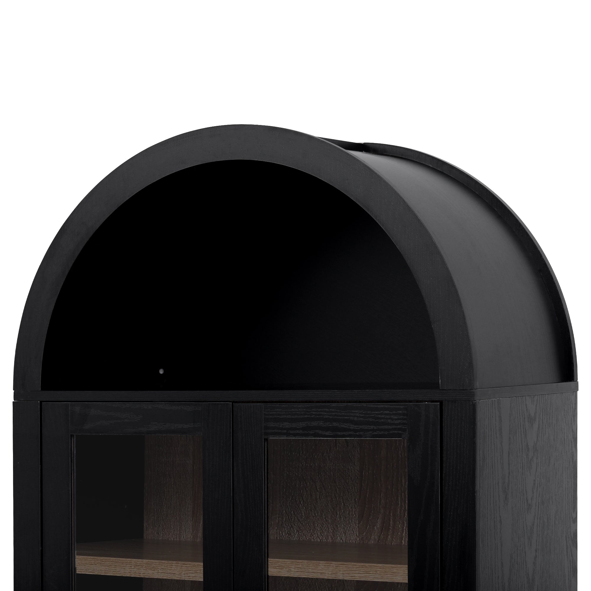 Close-up view of the Artisan black pantry cabinet featuring a curved arched top design with modern farmhouse styling and glass door storage below