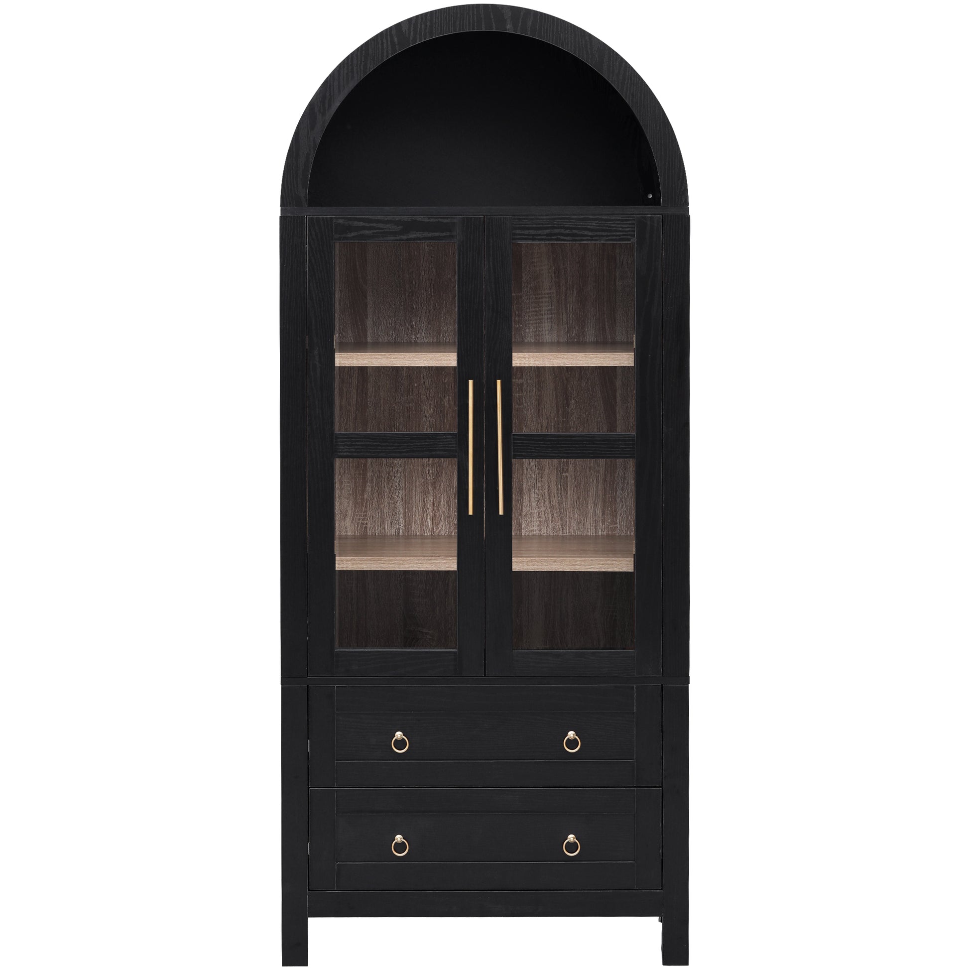 Front view of the black Artisan 71 - inch farmhouse pantry cabinet with arched top, framed glass doors, interior shelves, and two lower storage drawers