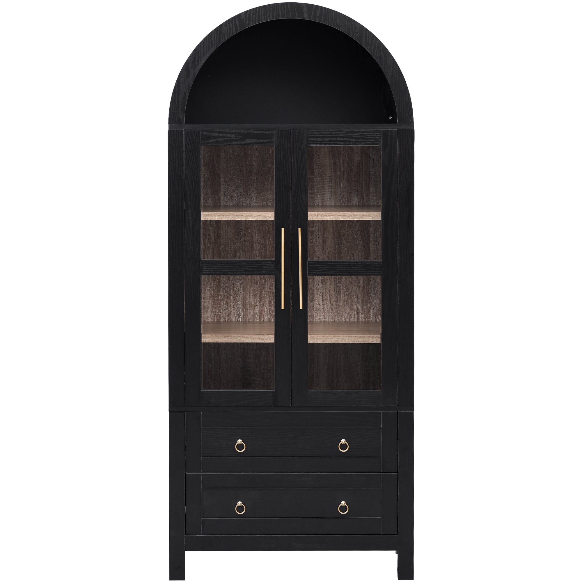 Front view of the black Artisan 71 - inch farmhouse pantry cabinet with arched top, framed glass doors, interior shelves, and two lower storage drawers