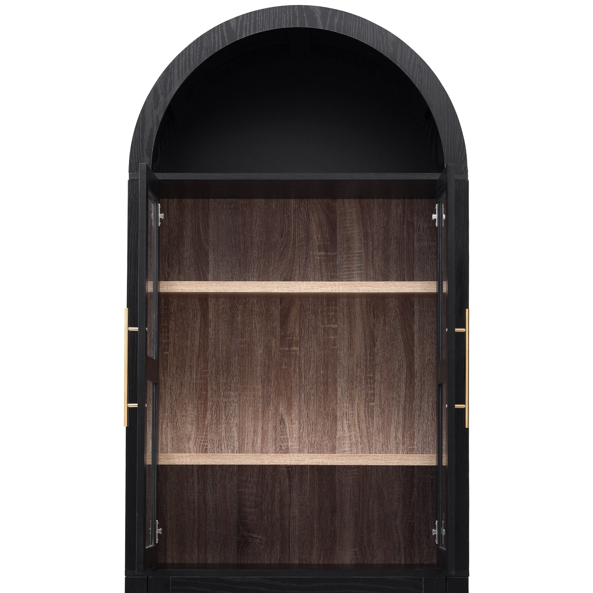 Interior storage view of the black Artisan arched pantry cabinet featuring adjustable open shelves glass door storage and modern farmhouse display design