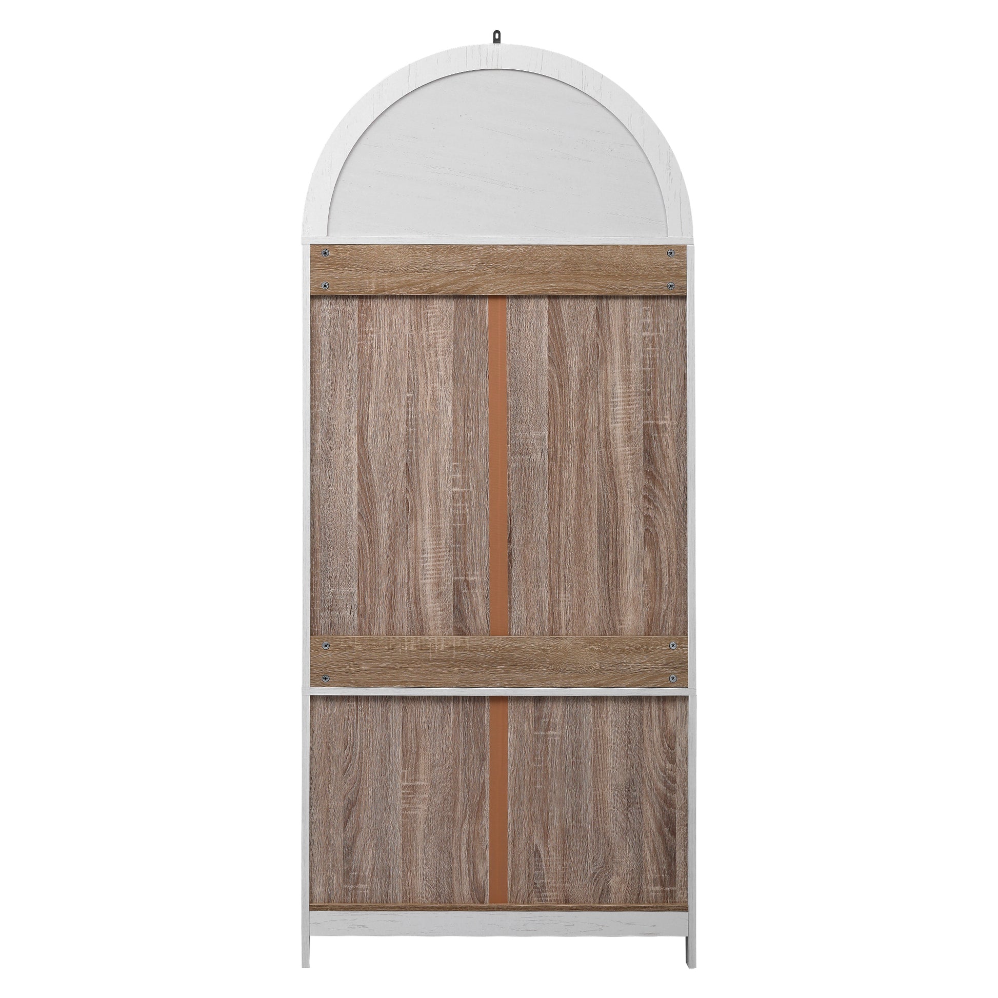 Back view of the white Artisan 71 - inch arched pantry cabinet showing sturdy rear panel construction and tall farmhouse - inspired storage cabinet design
