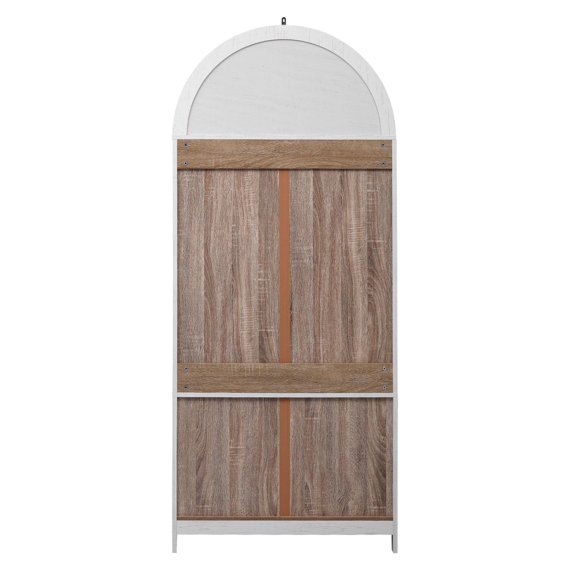 Back view of the white Artisan 71 - inch arched pantry cabinet showing sturdy rear panel construction and tall farmhouse - inspired storage cabinet design