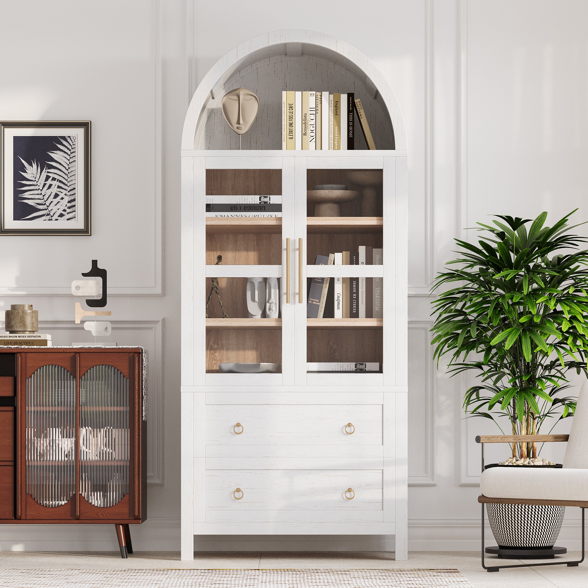 Front view of the white Artisan 71 - inch arched pantry cabinet with glass display doors, adjustable shelves, and two storage drawers in a modern farmhouse interior
