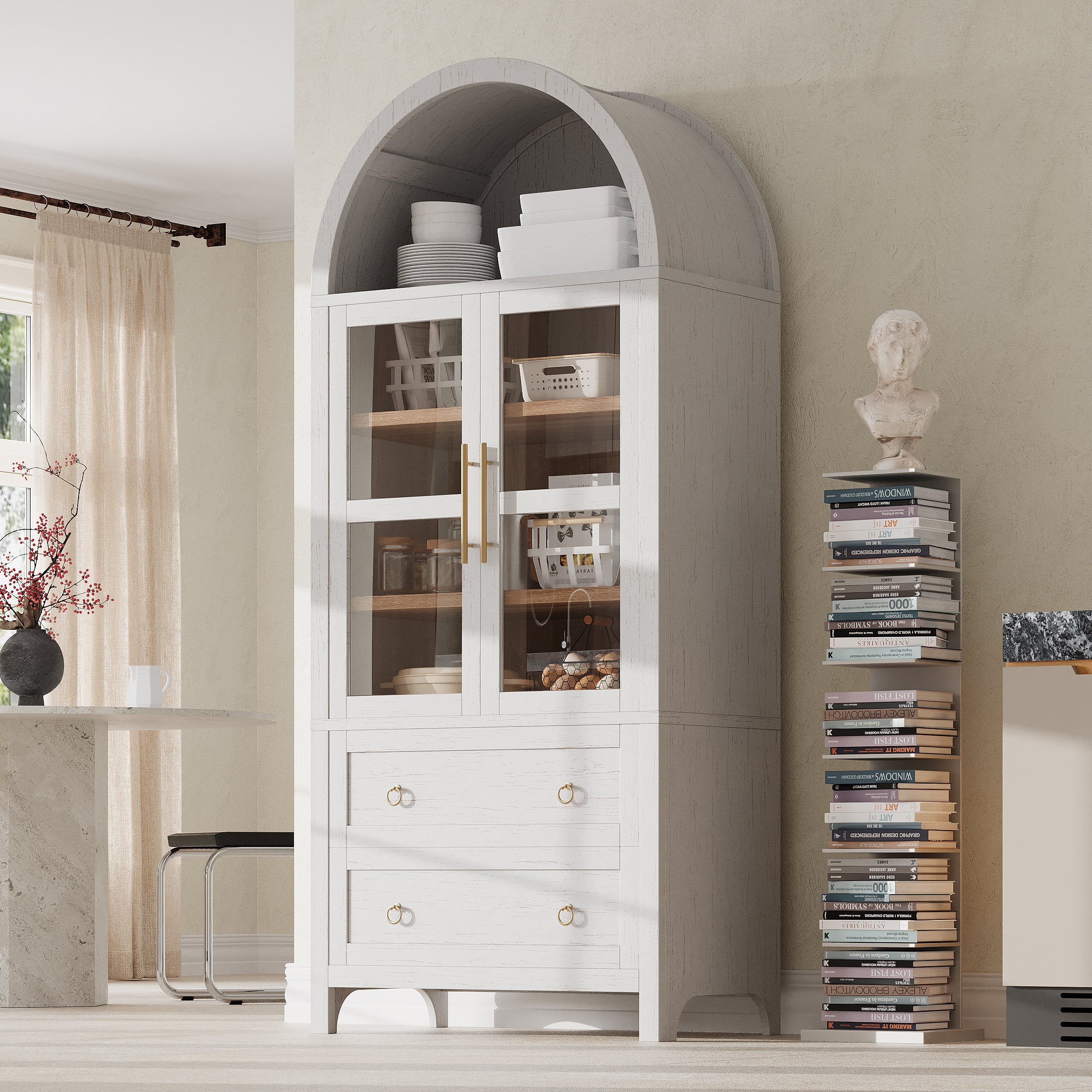 White Artisan 71 - inch arched pantry cabinet with glass doors, open display shelves, and two storage drawers styled in a warm modern farmhouse interior