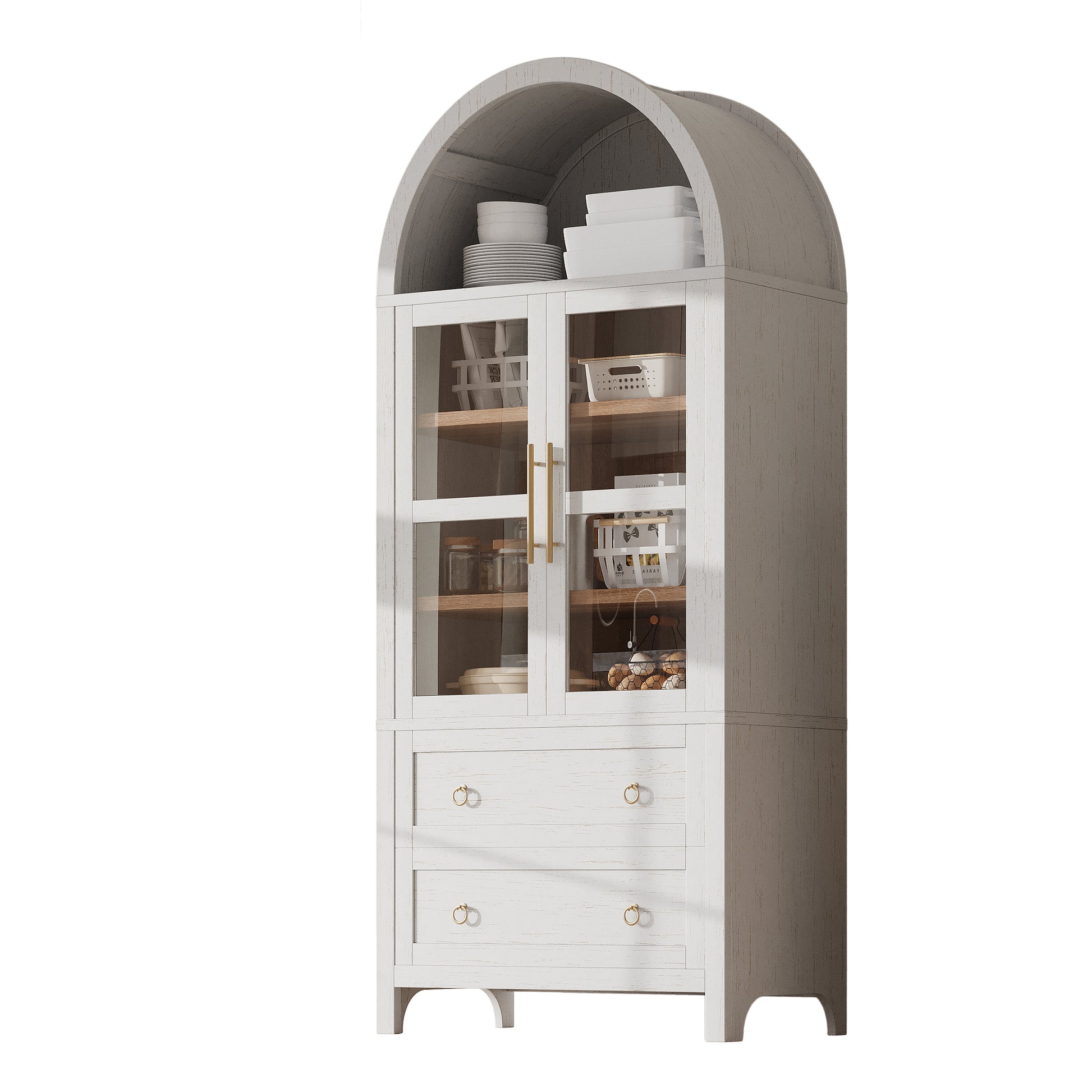 White Artisan 71 - inch arched pantry cabinet with glass doors, open display shelves, and two storage drawers shown on a clean background for farmhouse kitchen storage