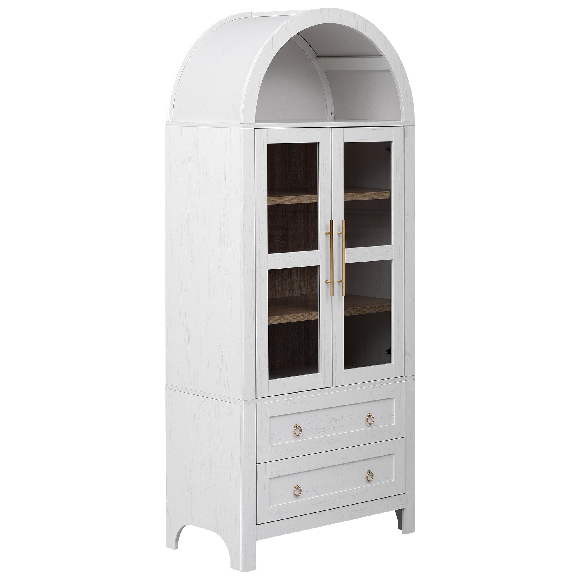 White Artisan 71 - inch arched pantry cabinet with glass doors, open display shelves, and two storage drawers for farmhouse kitchen and dining room organization