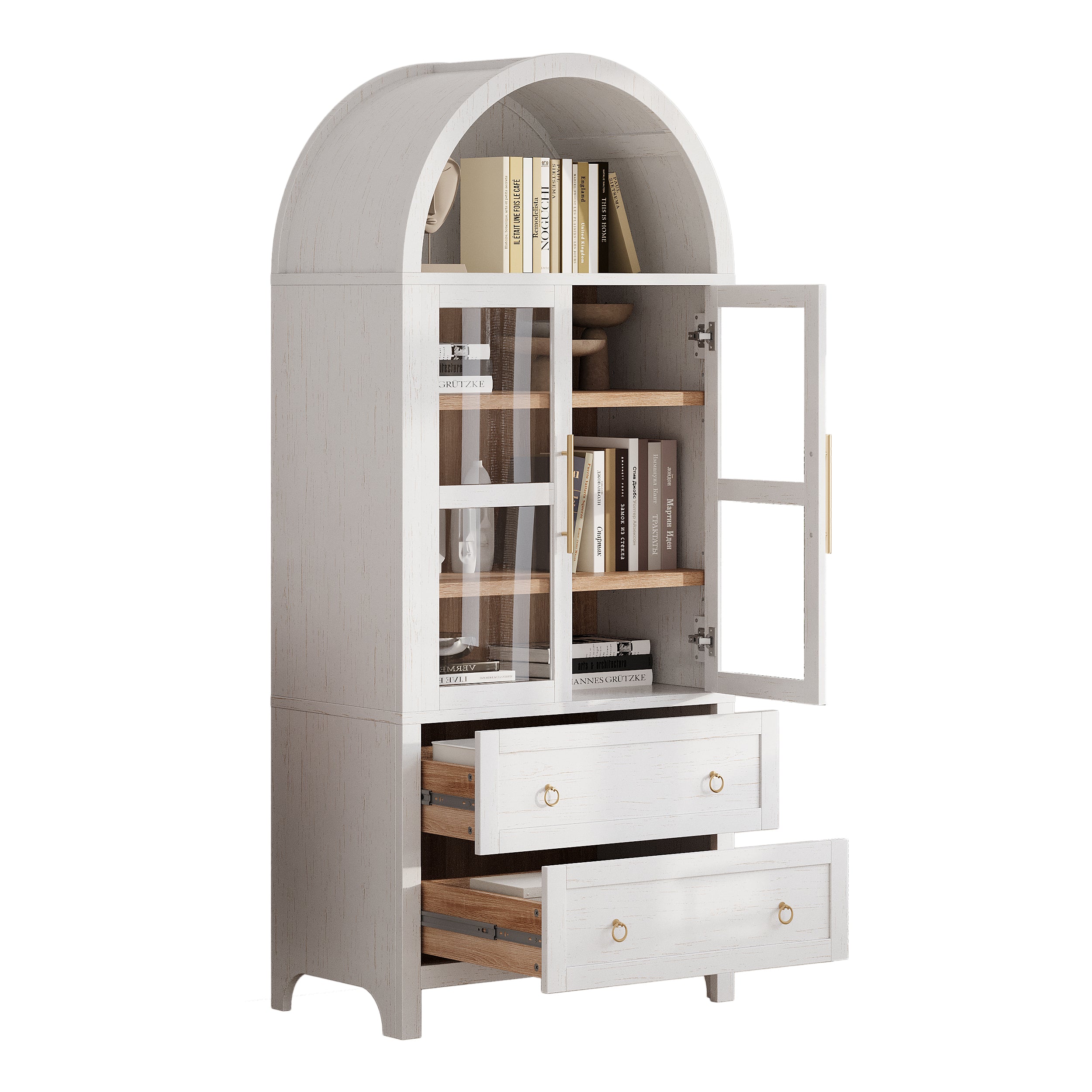 White Artisan 71 - inch arched pantry cabinet with open glass door, adjustable shelves, and extended storage drawers shown on a clean background for farmhouse kitchen organization